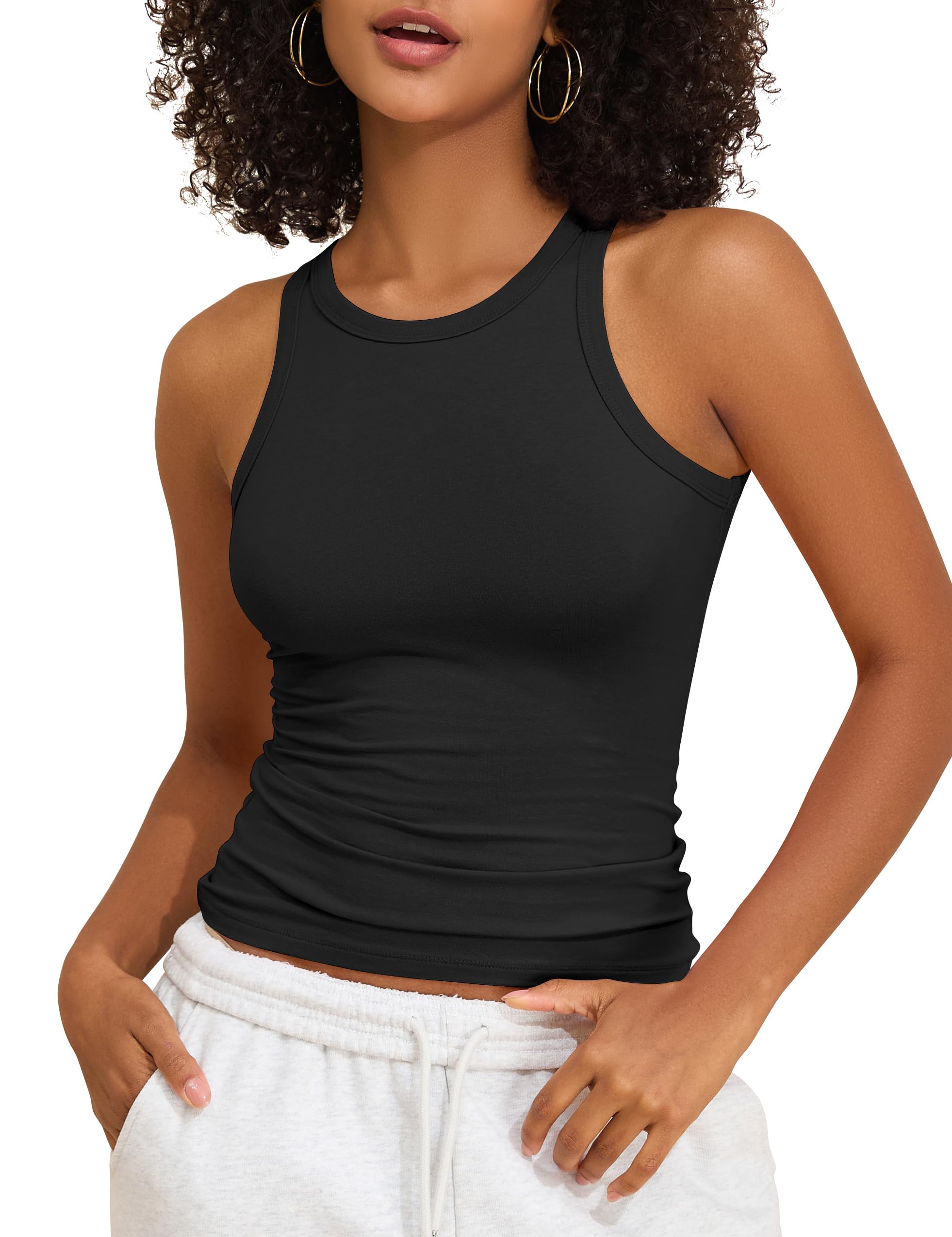 PrettyGuide Womens Cotton Racerback Tank Tops High Neck Fitted Basic Tee Summer Casual Y2K Trendy Cute Sleeveless Top