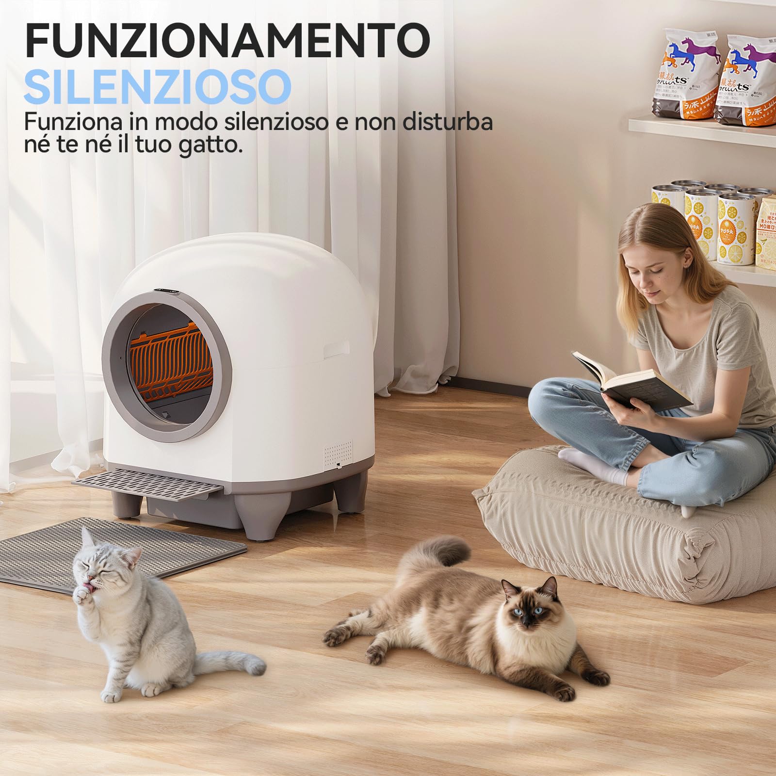 JUMMICO Lettiera Gatto Autopulente Antiodore， 90L lettiera autopulente per gatti xxl. Controllo APP cat litter box self cleaning con sensori, ingresso basso anti-intrappolamento/odore, per più gatti
