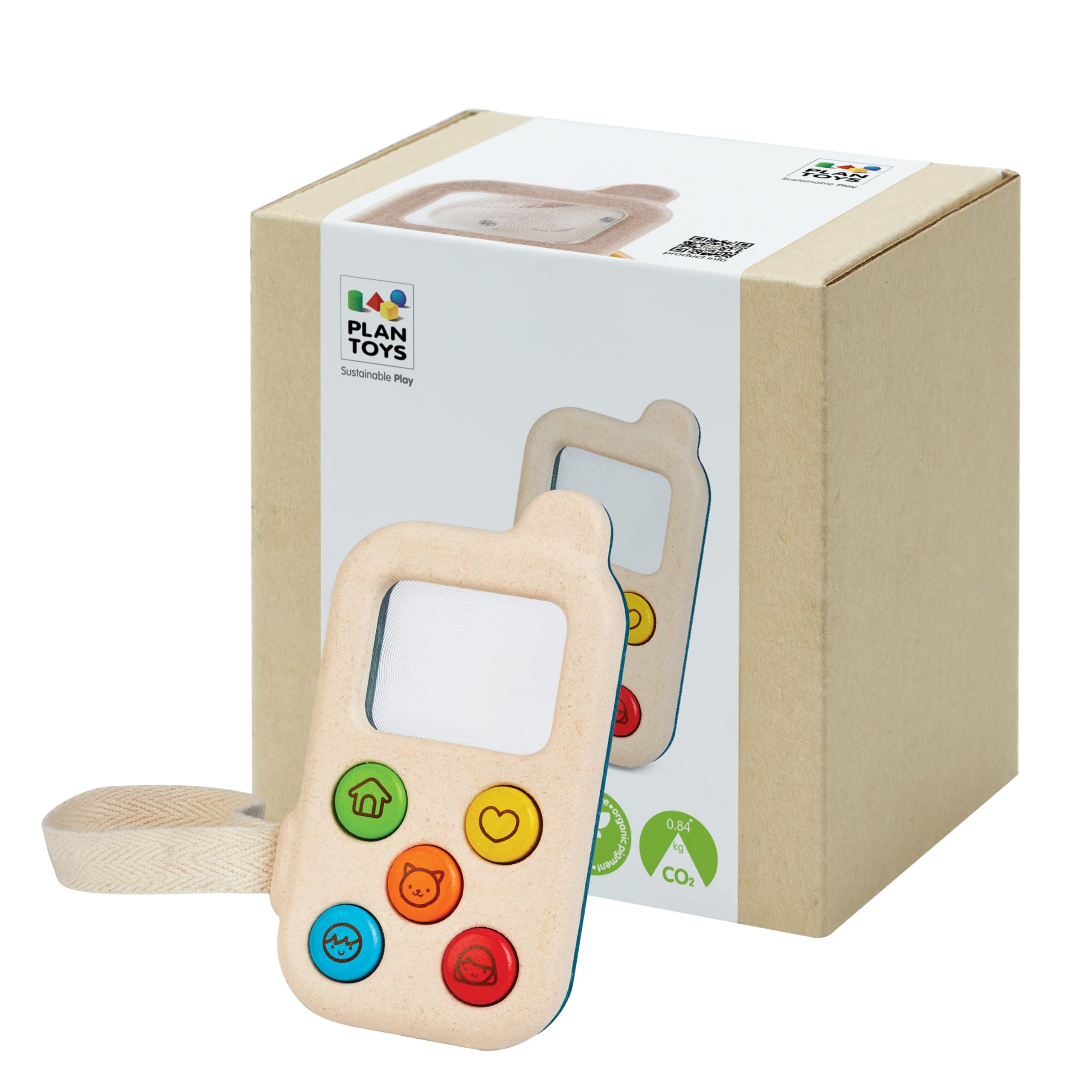PlanToys® Wooden My First Phone Toy for Toddlers | Montessori Baby Sensory Toy with Magnifier Screen & Buttons | Pretend Play Cell Phone for Learning & Development