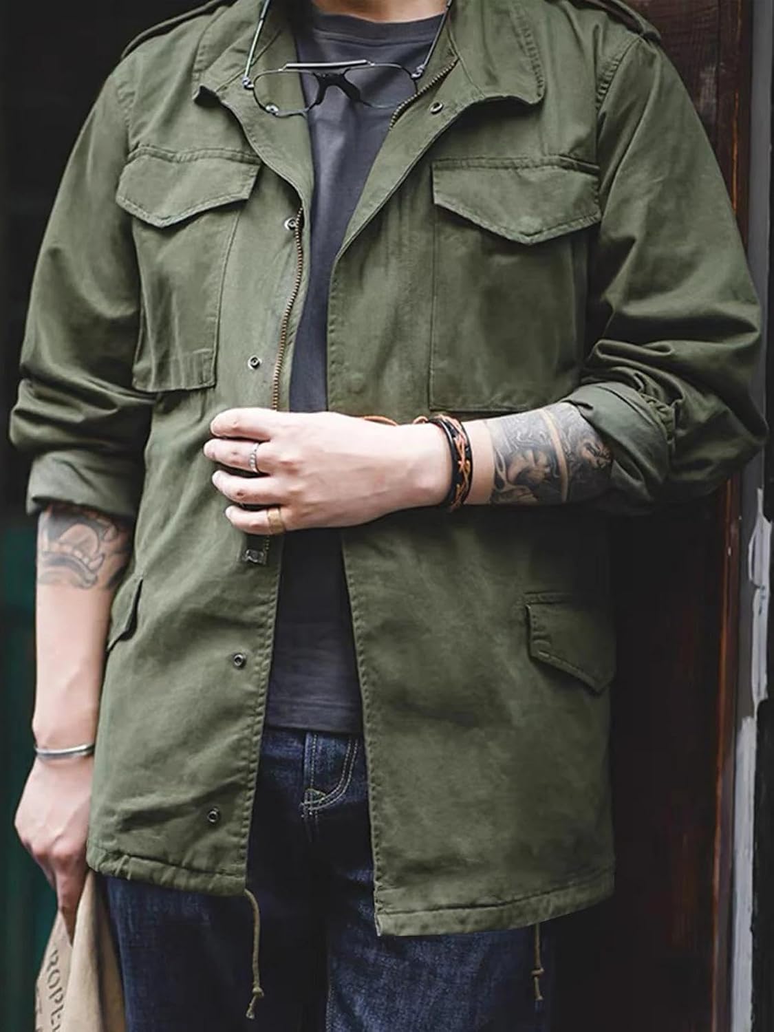 Xingfenly Field Jacket, Men' Military Retro Multi Pocket Collar Zipper 100%