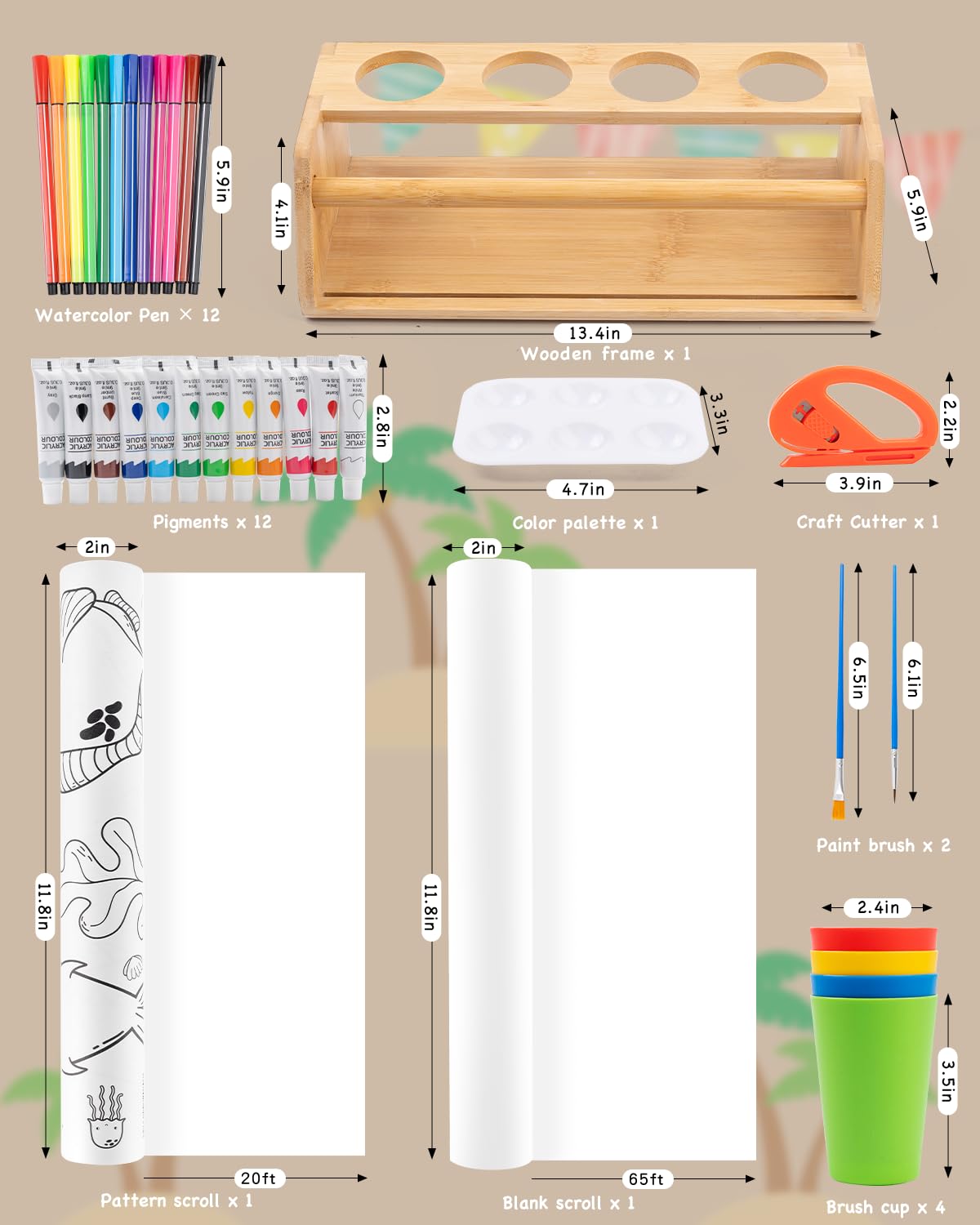 Distributeur de rouleaux de papier pour enfants – Chevalet de table en bambou avec rouleaux de papier vierges et à motifs, 12 pigments, outils de dessin, gobelets à stylos – Station d'artisanat pour
