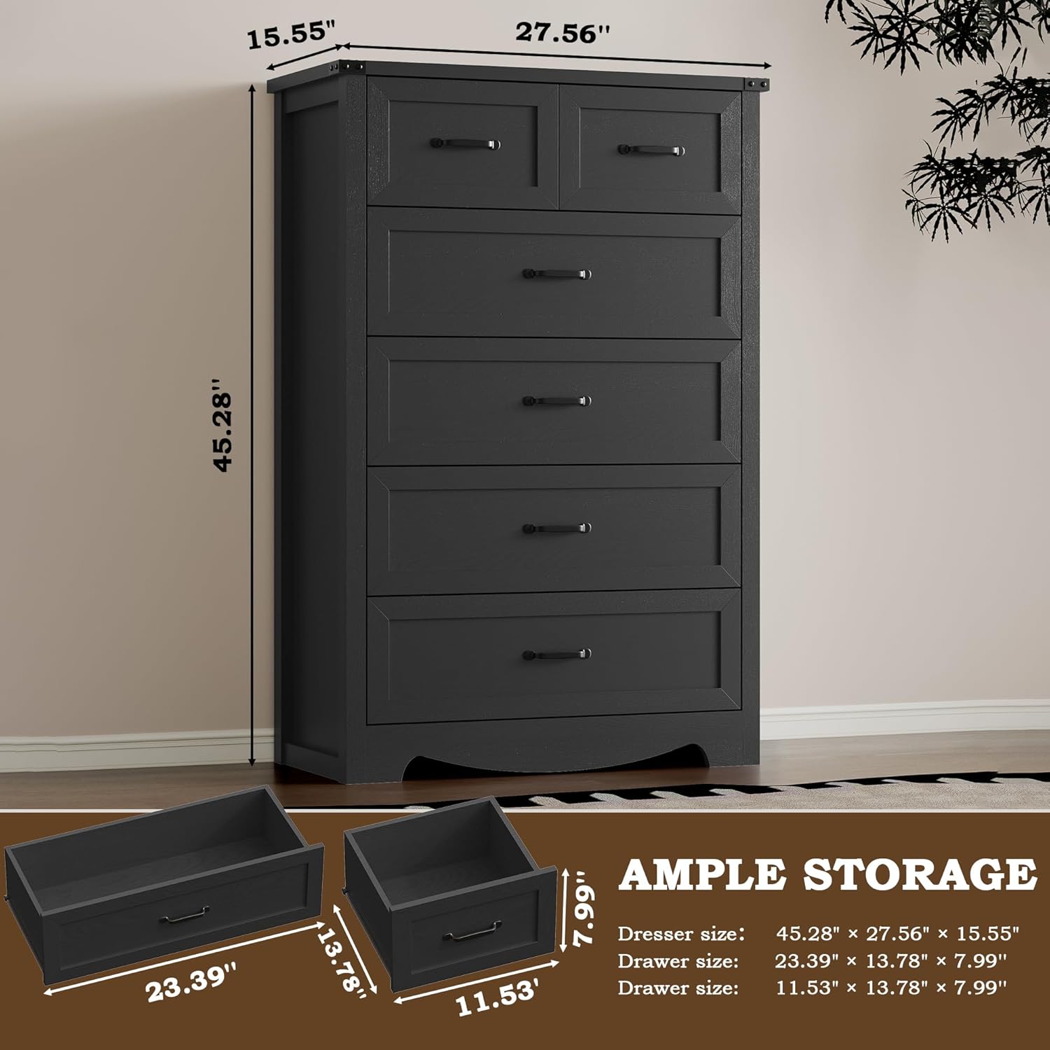 Diagram showing the dimensions of the BORNOON Tall 6-Drawer Dresser