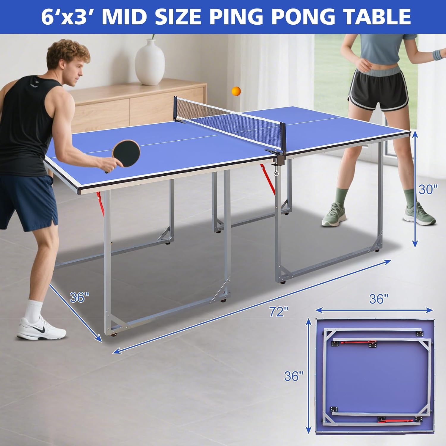 Ping Pong Table Foldable Table Tennis Table with Net, Table Tennis Paddles and Balls, 4.5FT/6FT/9FT MDF Multi-Use Family Game Table for Kid Teenager Adult, Compact & Portable