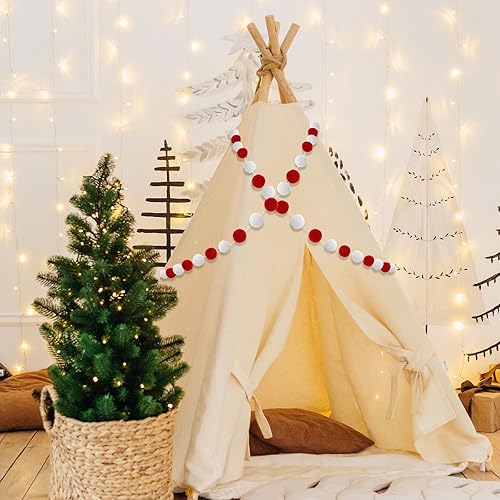 Miniatura 5 de 4 adornos para árbol de Navidad, guirnalda de bolas de pompón rojoblanco de 7.2 pies, guirnalda de bolas de fieltro de lana para colgar árbol de