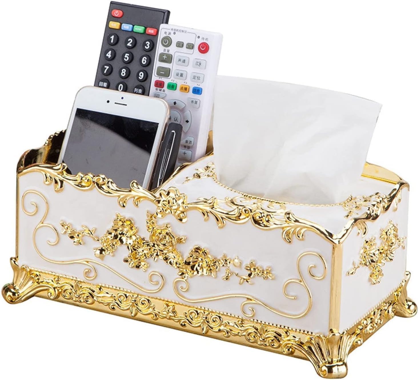 Wrixty Tissue Box Cover Hand Tissue Box Holder European Stainless Steel Tissue Box Cover, Creative Square Tissue Holders, Facial Tissue Dispenser with Storage (3 Compartment) (Golden)-image-11
