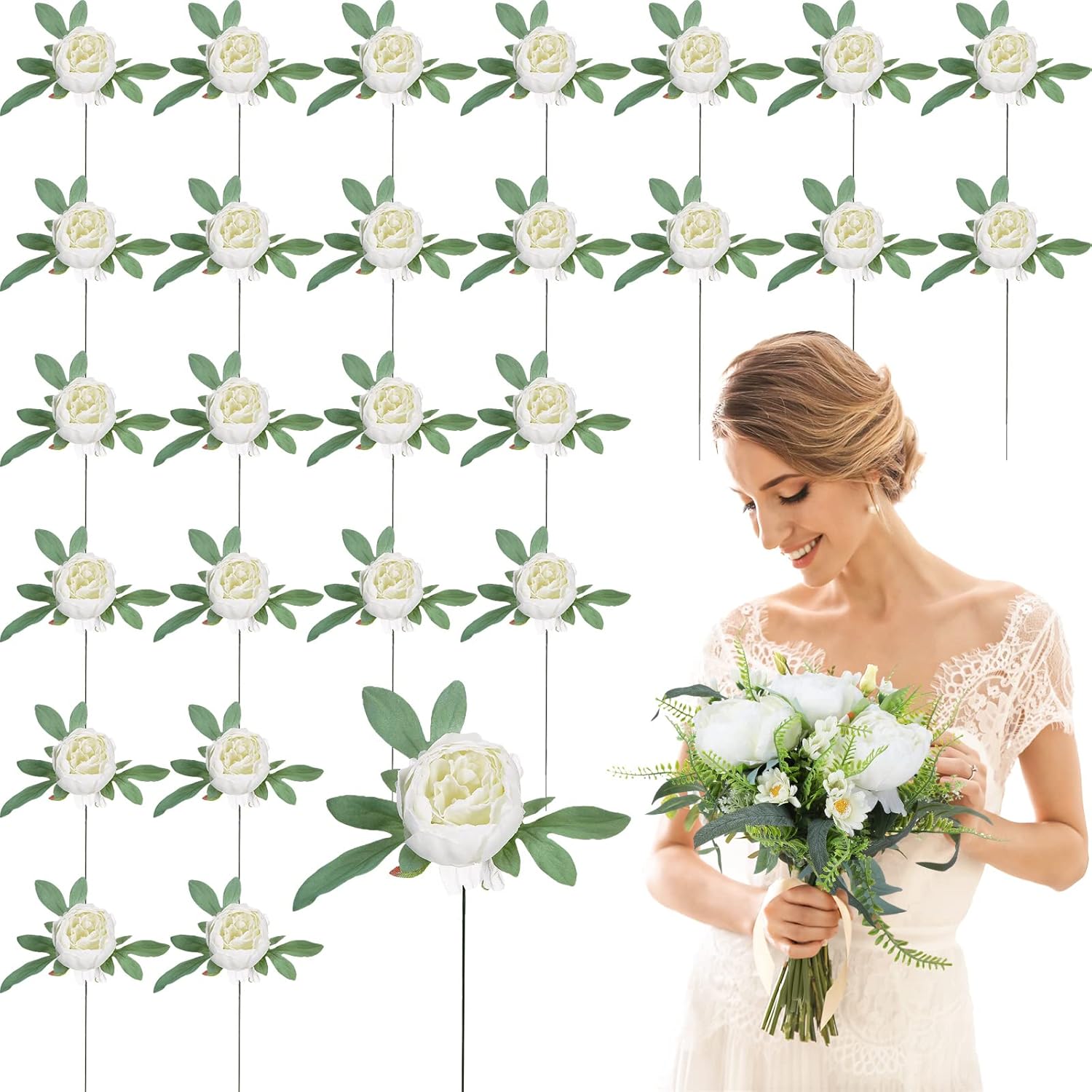 Zeyune 50pcs Artificial Peonies, 4inch White Silk Peony Flowers Heads for Decoration, Wedding, Party, Home Office