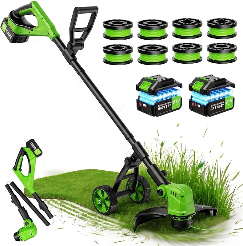 Desbrozadora eléctrica de cuerdas sin batería de 14"con rueda, desbrozadora de césped sin cable 3 en 1/desbrozadora eléctrica de malezas/ribeteadora, desbrozadora de malezas con 8 carretes de repuesto para jardín, césped (verde)