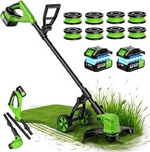 14" Electric String Trimmer Cordless Battery Powered Weed Eater with Wheel, 3-in-1 Cordless Grass Trimmer/Electric Weed Wacker/Edger, Weed Trimmer with 8 Replacement Spools for Garden, Lawn (Green)