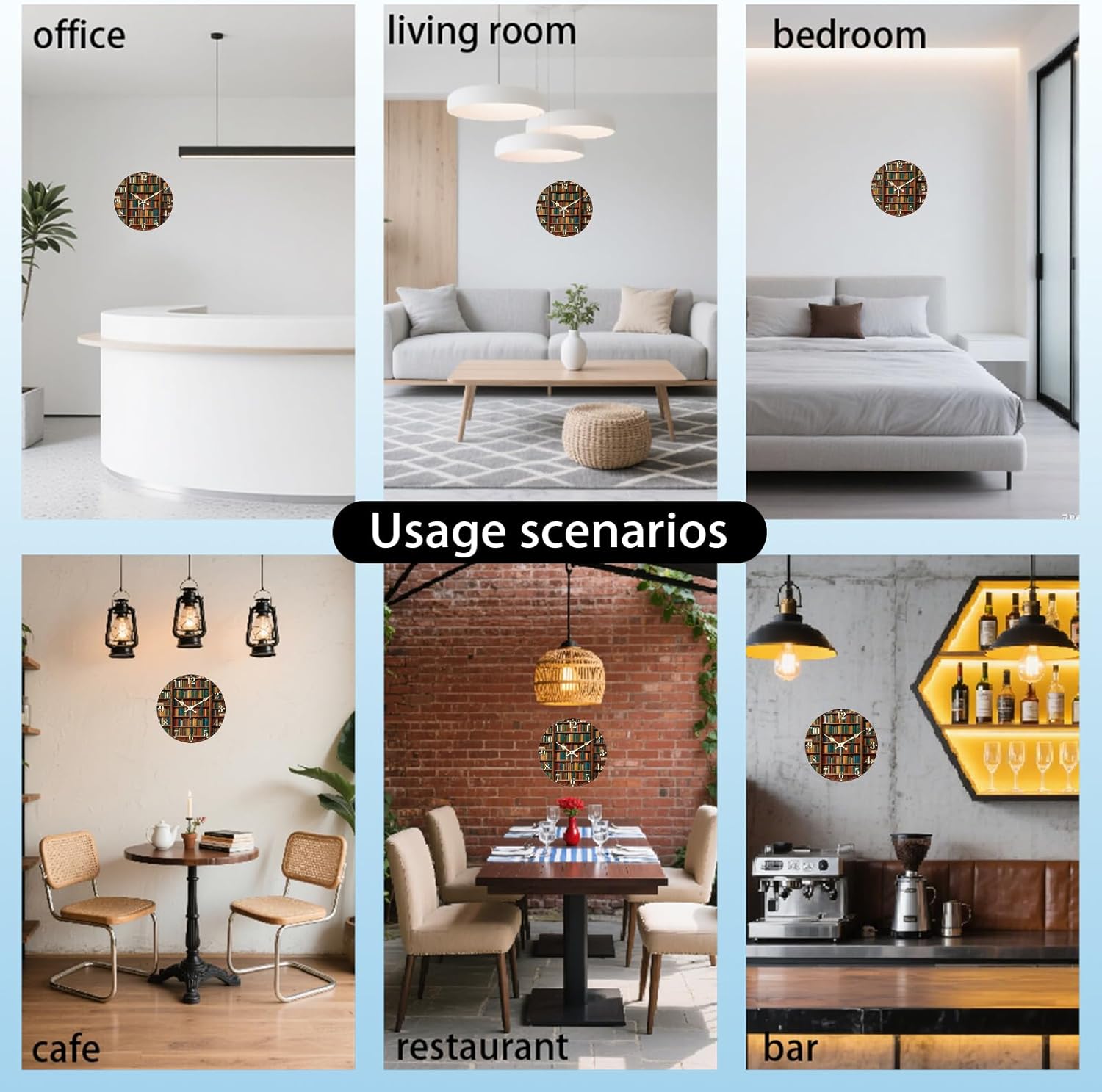 Bookshelf Wall Clock Decorative Wall Clocks Retro Style Non-Ticking Clock for Home Office Decoration, 12×12 inch