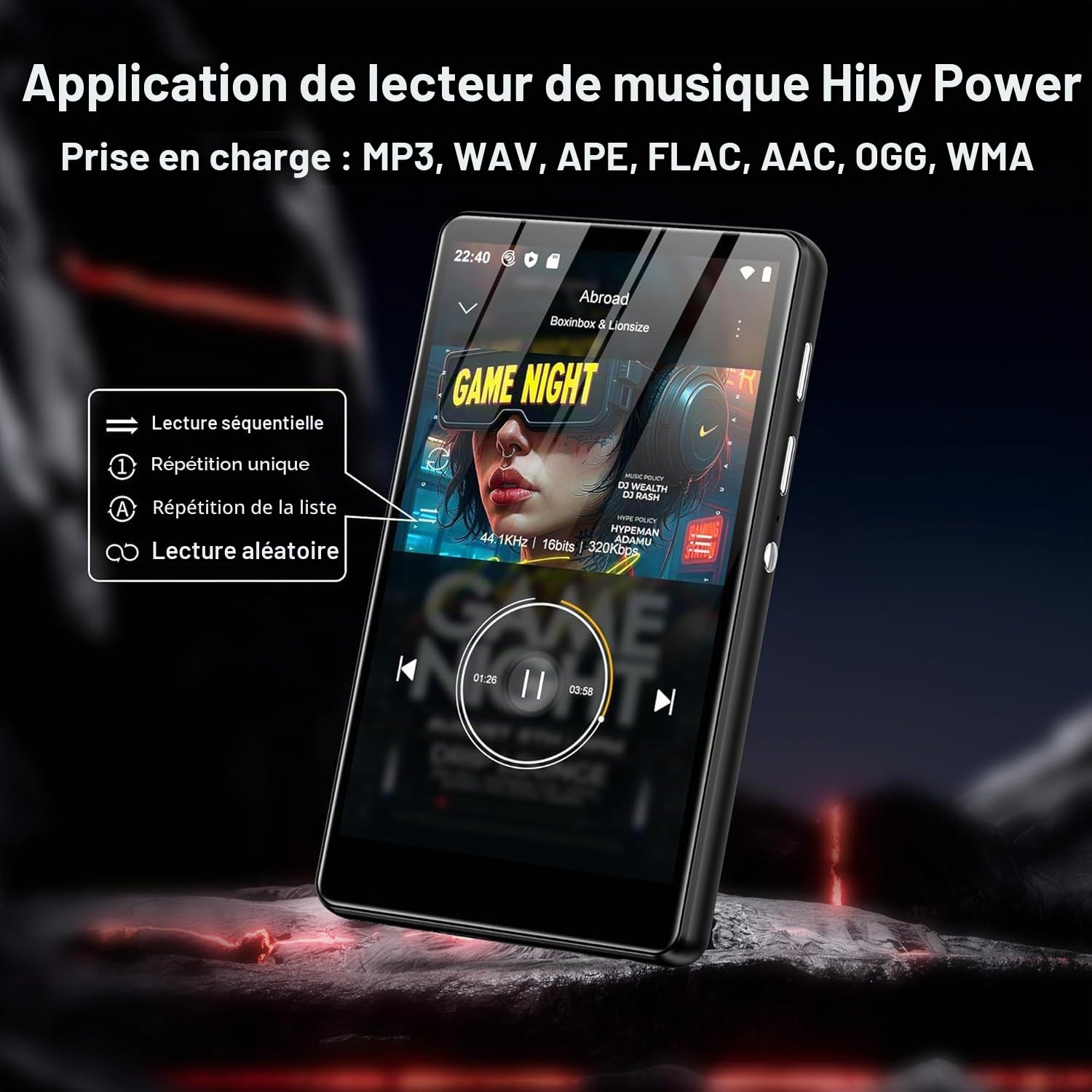 SWOFY Lecteur MP3 et MP4 Android, écran tactile de 4,0" avec Bluetooth et Wi-Fi, prend en charge Spotify, Pandora, Amazon Music, Libby, Audible et navigateur, mémoire extensible jusqu'à 1 To, noir