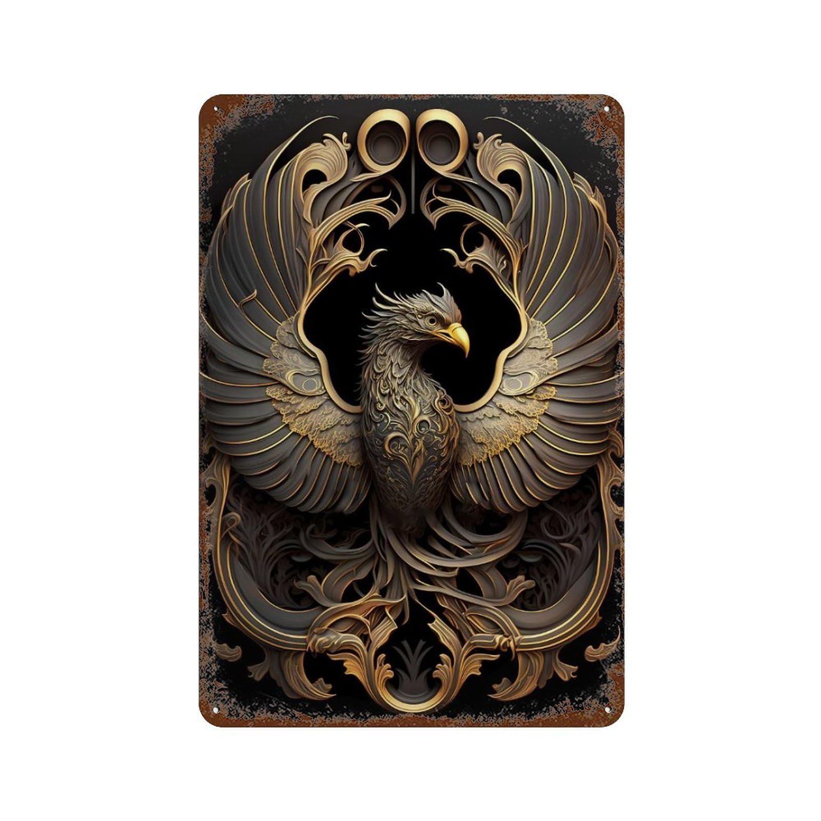 Vintage Rust Metal Sign with Legendary Phoenix Art Deco Design 11.8"x7.9", for Office, Studio And Wall Decor, Farmhouse Wall Decor