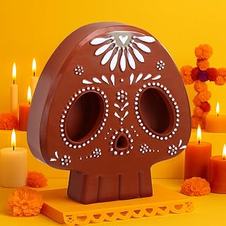 Day of the Dead Mexican Skull Figurines7.9 Inch Resin Skull Decor Dia De Los Muertos Statue Terracotta Floral Tiered Tray Decor Table Centerpiece for Halloween Desk Mantel Home Decoration Gifts