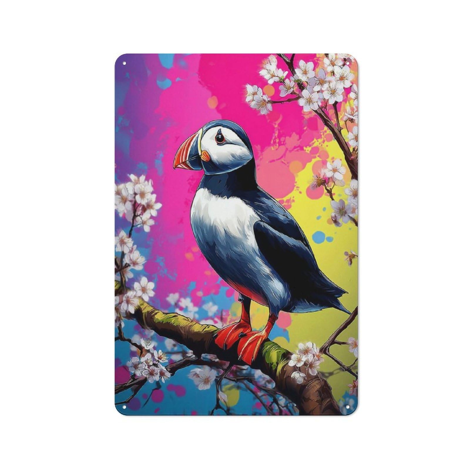 Character Decorative Tin Plaque 30x20cm Featuring Puffin Perched on Blossom Branch -2, Small Space Decor for Bedroom, Kitchen, Office Or Living Room