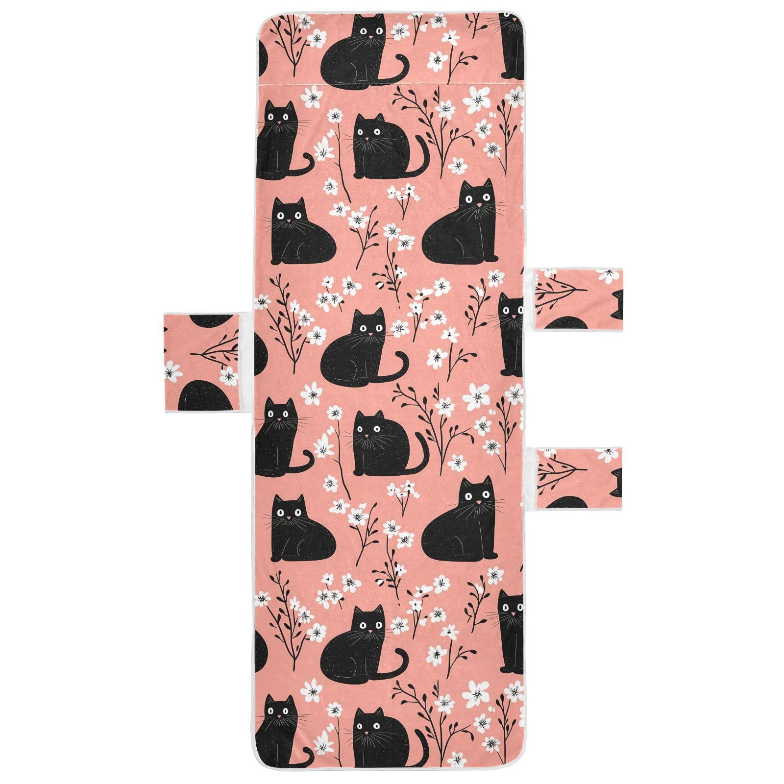 BOESI Doodle Black Cat and Flower Beach Chair Towel, Outdoor Pool Chair Cover, with Pockets, Suitable for Outdoor Beach Garden Sunbathing, 85'' x 30''