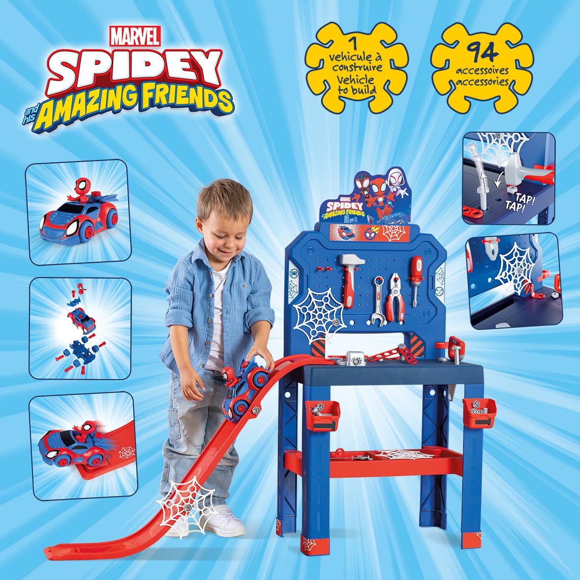 Smoby - Spidey - Bricolo Center - Fai da te - Numerose funzioni di gioco - Auto da montare - 90 accessori - Dai 3 anni - Prodotto in Francia