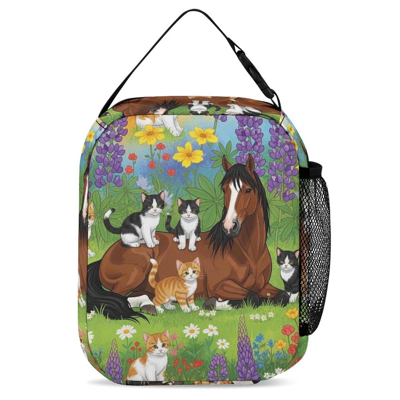 Conjunto de mochila con estampado de flores, caballo y gato, que incluye fiambrera, neceser y estuche de maquillaje.