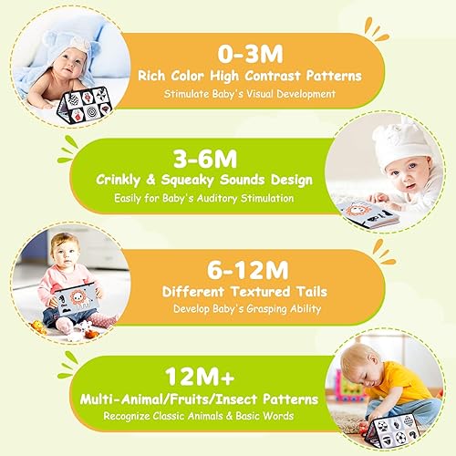 Miniatura 4 de Hamino Juguetes de espejo 3 en 1 para bebé, color blanco y negro, de alto contraste, con libro de tela arrugada, muñeca de tiburón, mordedor