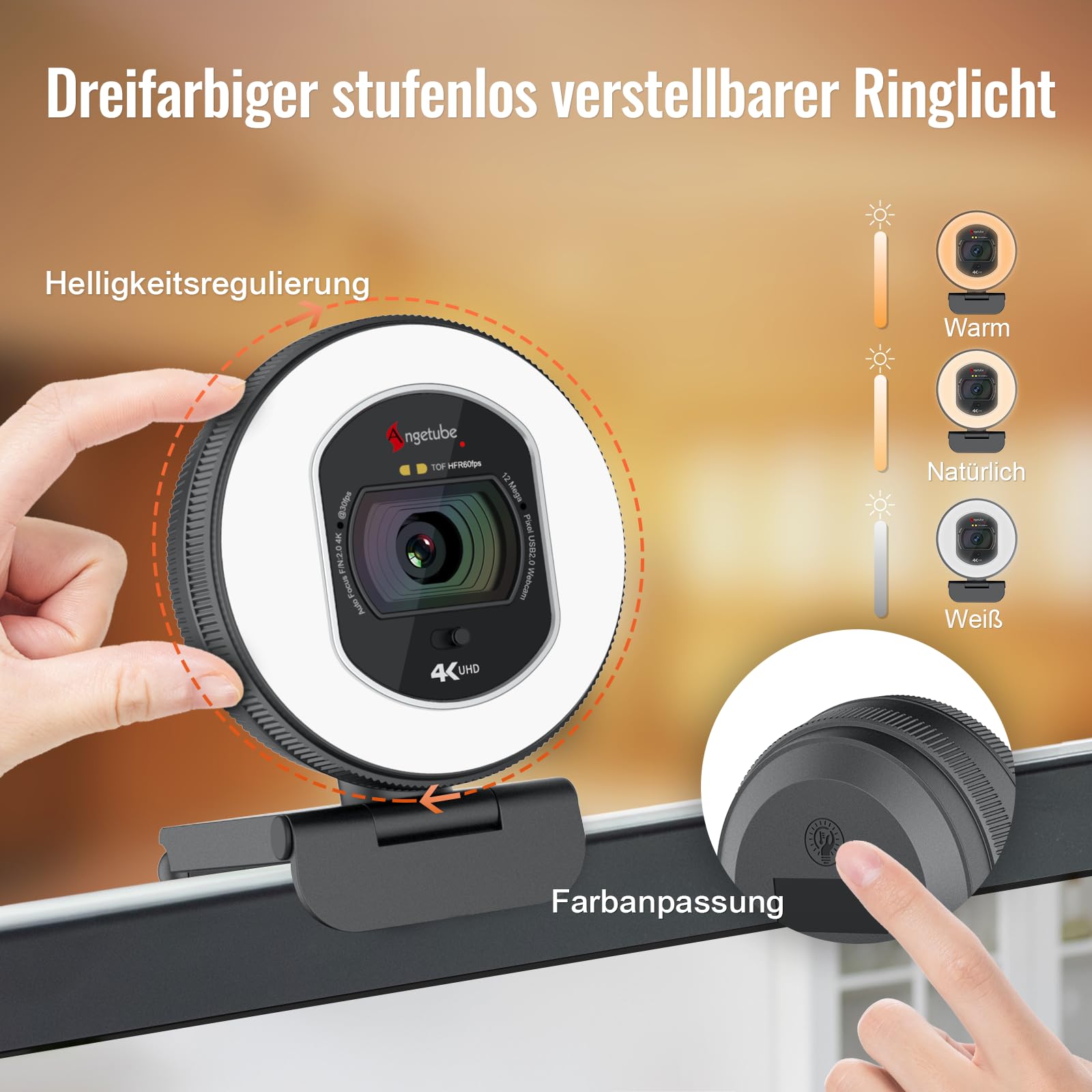 Angetube Webcam 4K mit Licht –PC-Kamera mit 2 Mikrofon und TOF-Autofoku | USB-Webcam 1080P&60FPS für Laptops und Macs,Streaming-Kamera mit integriertem Objektivdeckel,kompatibel mit Zoom und Teams