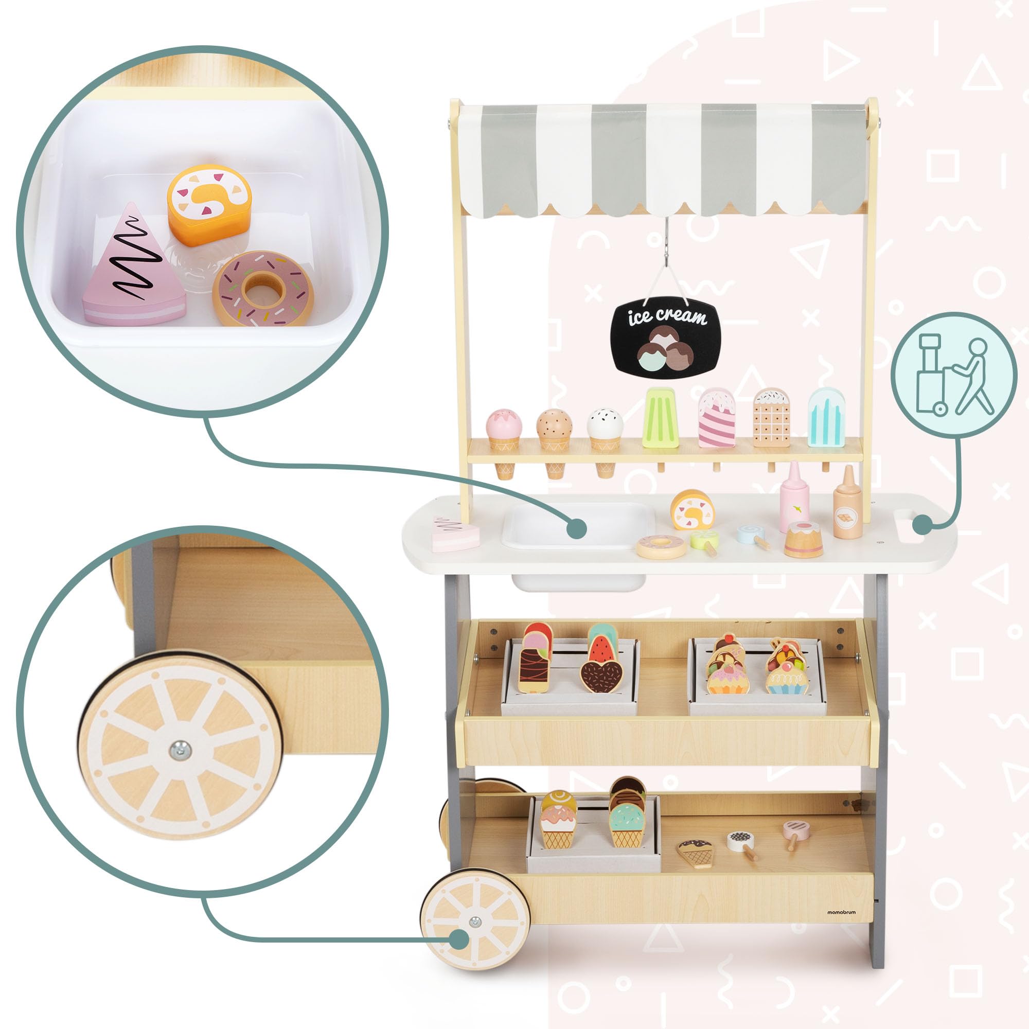 Mamabrum Holz Eisdiele für Kinder 3+, Rollwagen mit EIS, Spielen, Dezentes Design, Reichhaltige Accessoires, Entwickelt Kreativität und Soziale Fähigkeiten