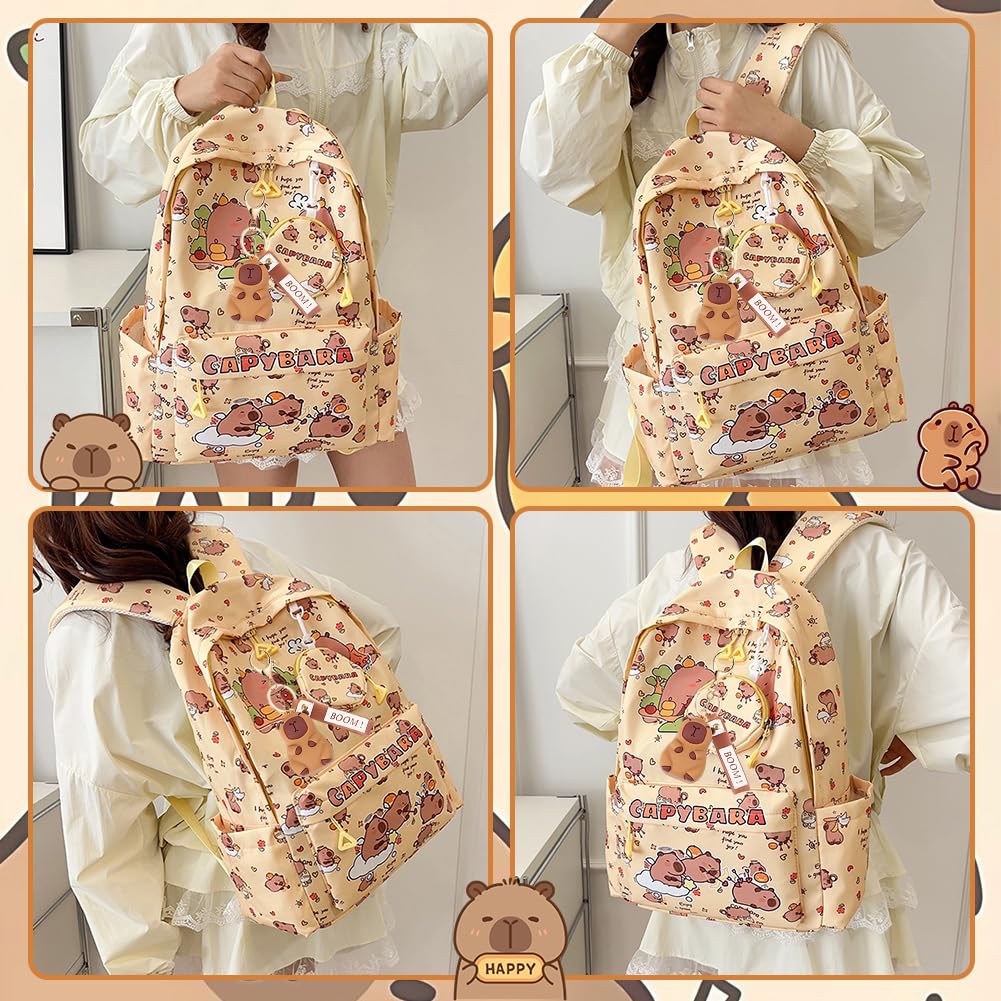 Capybara Bambini Zaino Schoolbag Grande Capacità Kawaii Astuccio Scuola Capibara Trousse Pencil Case Portapenne Animali Portachiavi 4 Penne Cancellabili Capybara Regalo Set (Giallo)