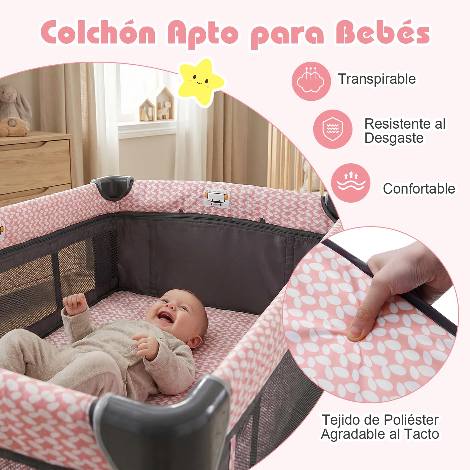 COSTWAY Cuna de Viaje Bebe con Colchón, 5 en 1 Centro de Actividades para Bebés con Cambiador, Cuna para Bebé, 2 Juguetes Colgantes y Caja de Música, Ruedas Móviles y Cesta de Almacenamiento (Rosa)