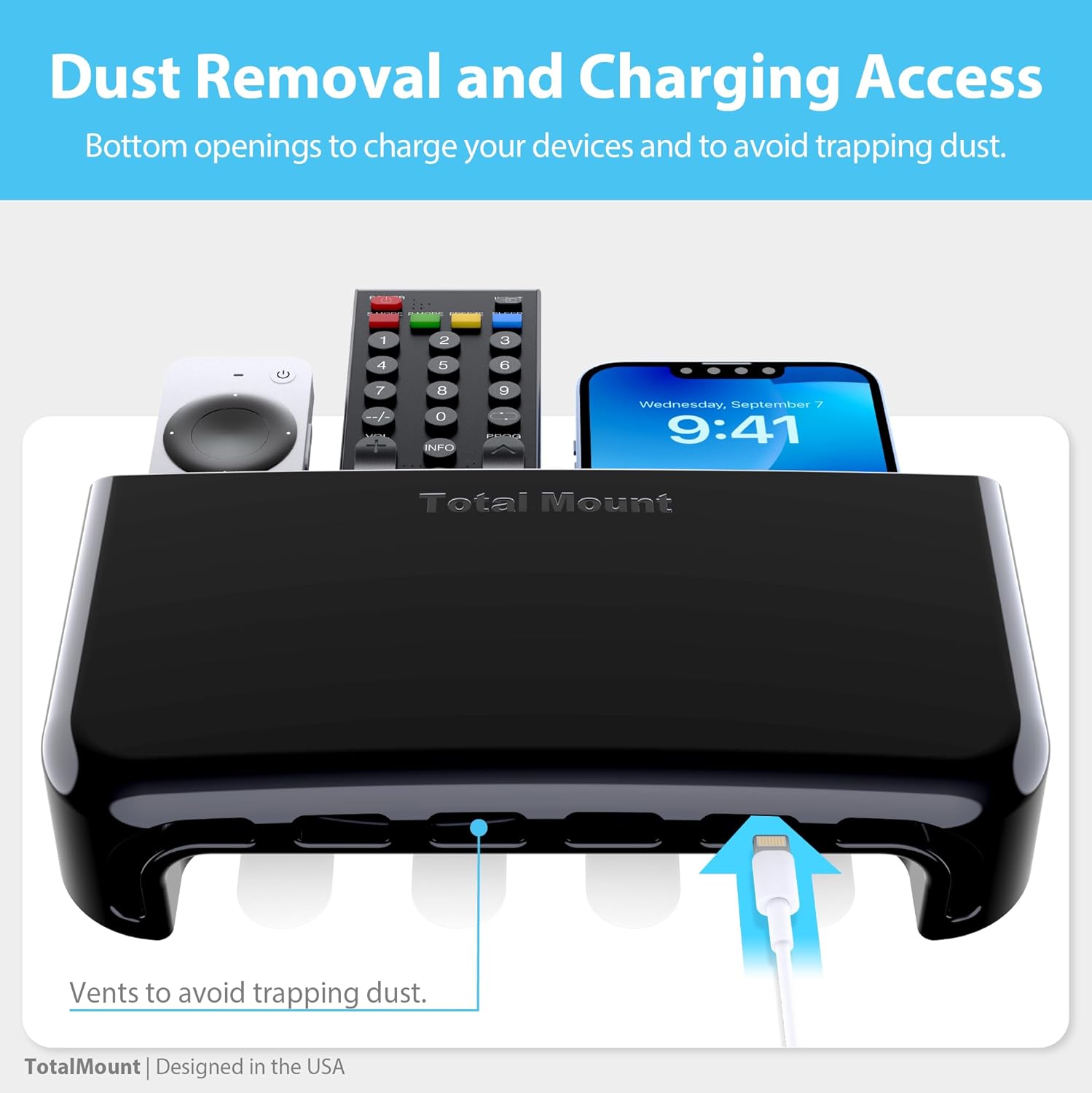 TotalMount Hole-Free Remote Holder – Eliminates Need to Drill Holes in Your Wall (Premium Black Holder for 3 or 4 Remotes)