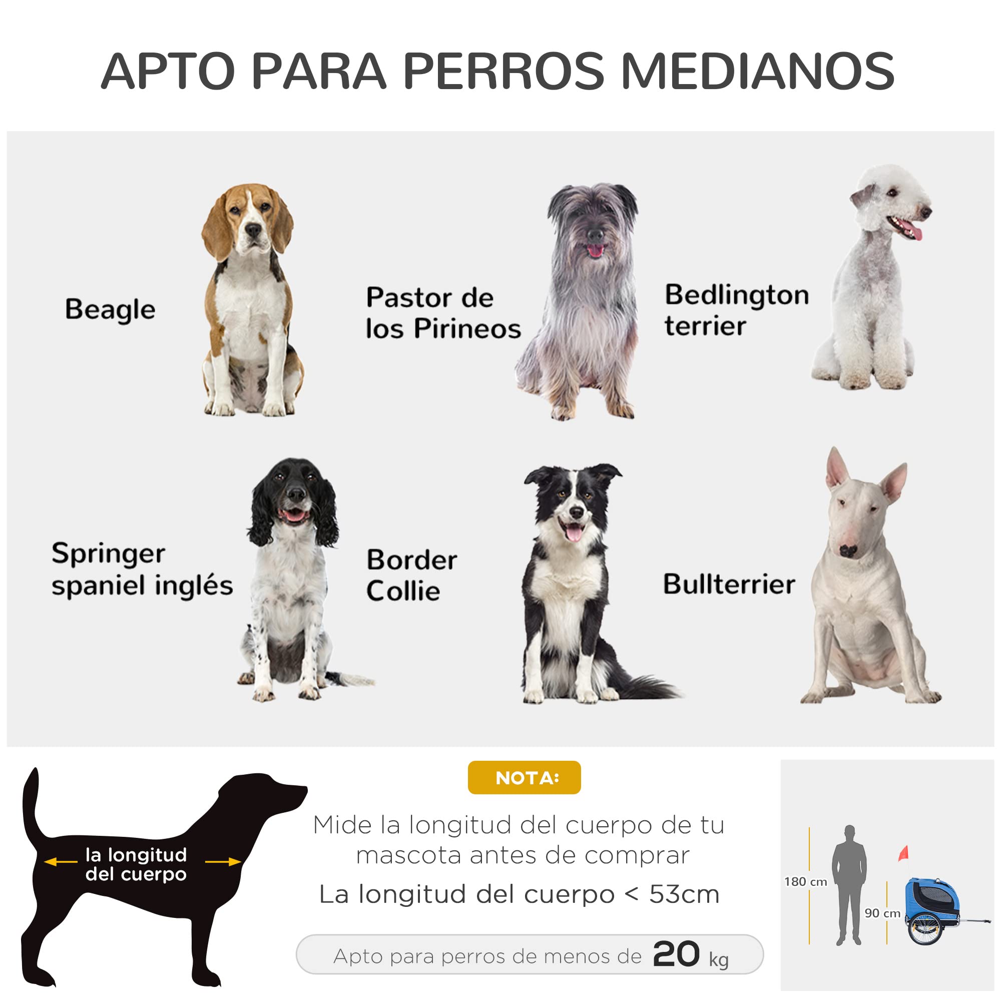 PawHut Remolque Bicicleta Perros Mascota 1 Bandera 8 Reflectores Remolque Bici 130x73x90 cm Azul Negro