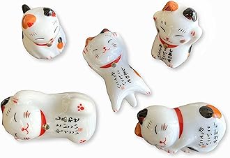 MIUFA Ceramic Cute Lucky Cat Chopsticks Rest Dinner Spoon Stand Knife Fork Holder (Set of 5pcs)
