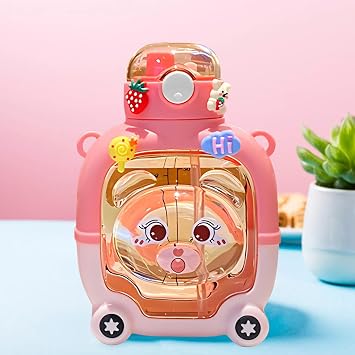 Kawaii Bear Water Bottle 34 oz Double Drink with Foldable Straw & Wide Mouth, Leak-Proof Cute Sports Bottle for Teens Girls, School, Gym, Office Pink Magic Bear