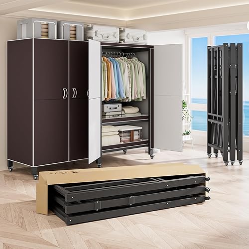 Perchero cubierto resistente con puerta magnética, 1500 libras, plegable, portátil, para colgar ropa, perchero de metal negro sobre ruedas, sistema