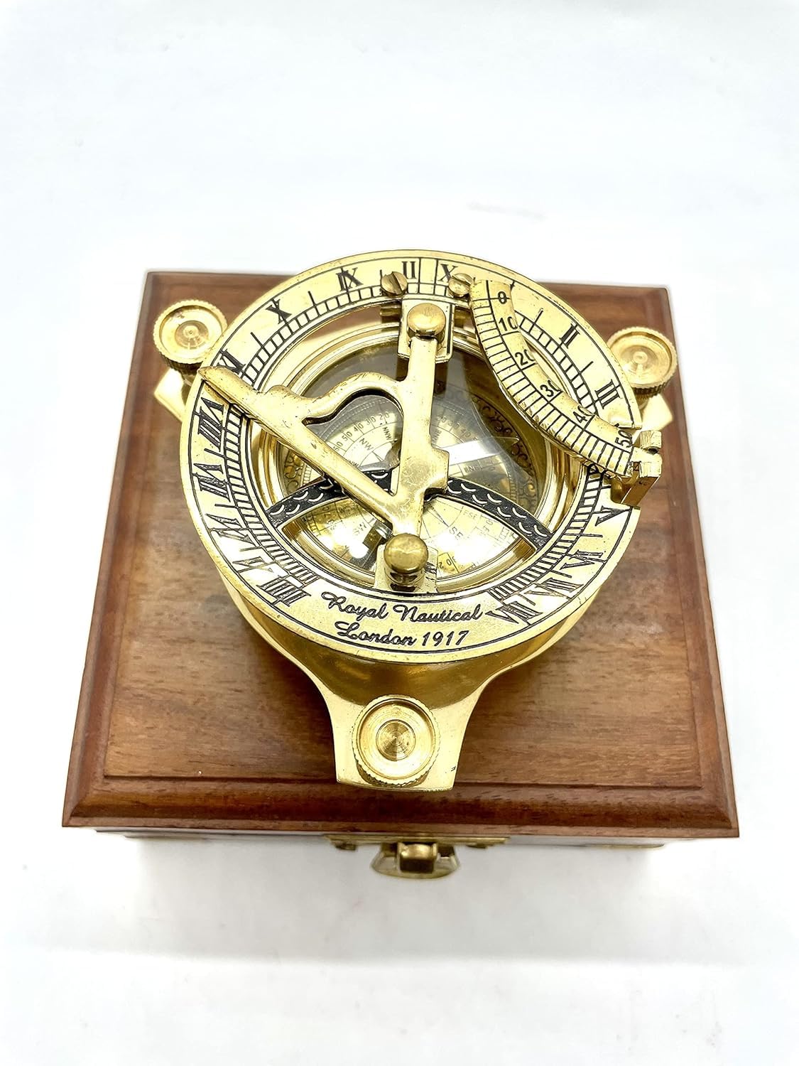 Handmade Brass Sundial Compass Vintage, Antique, Navigation Direcional Finder Pocket Compass for Military Army Camping, Hiking Outdoor with Wooden Box 2