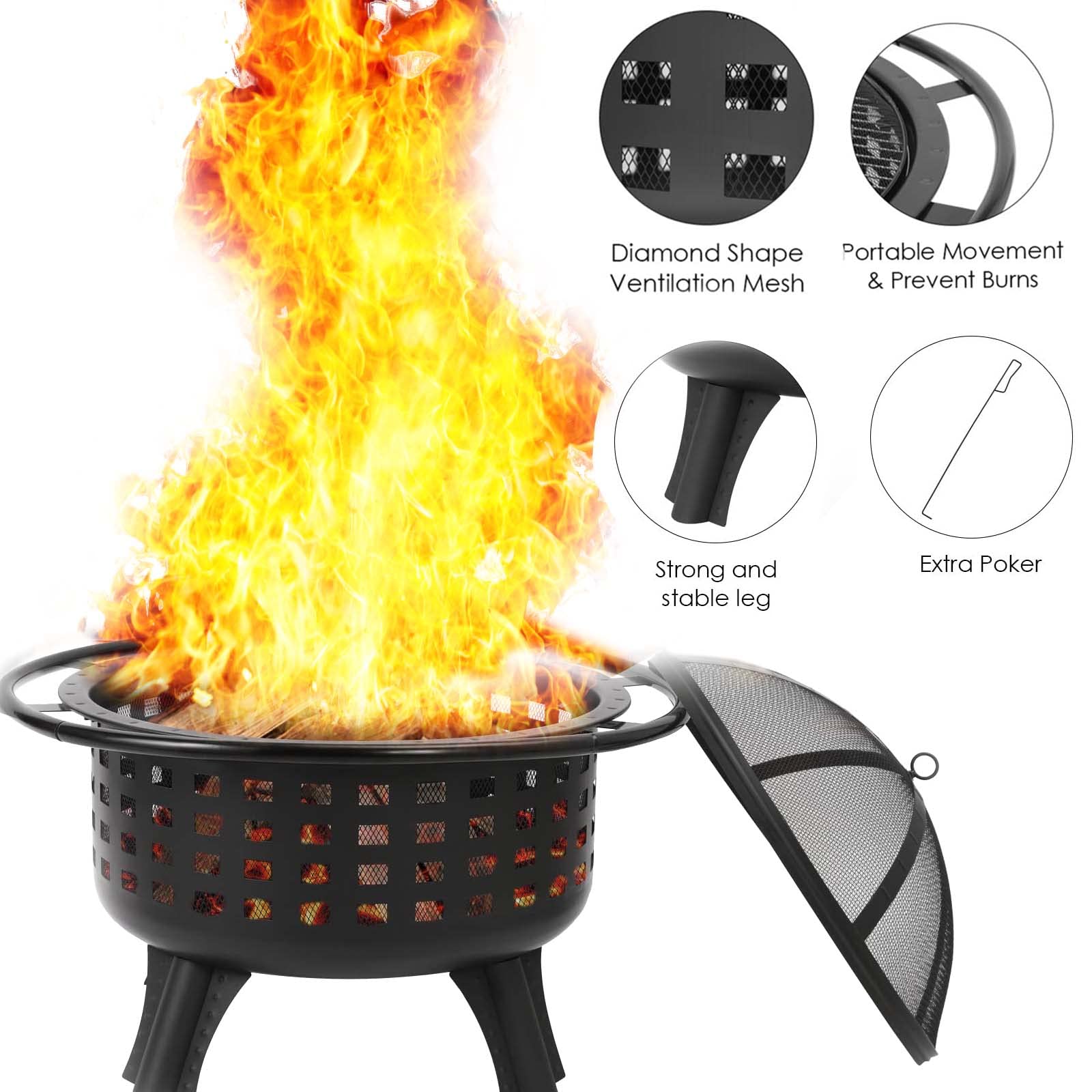 Vuurschaal met vonkbescherming en grillrooster, ijzer, rond, 81 cm, verwarming, vuurkorf, vuurkorf met pookhaak, antiek roest, vuurschalen voor de tuin, outdoor, kampvuur, camping