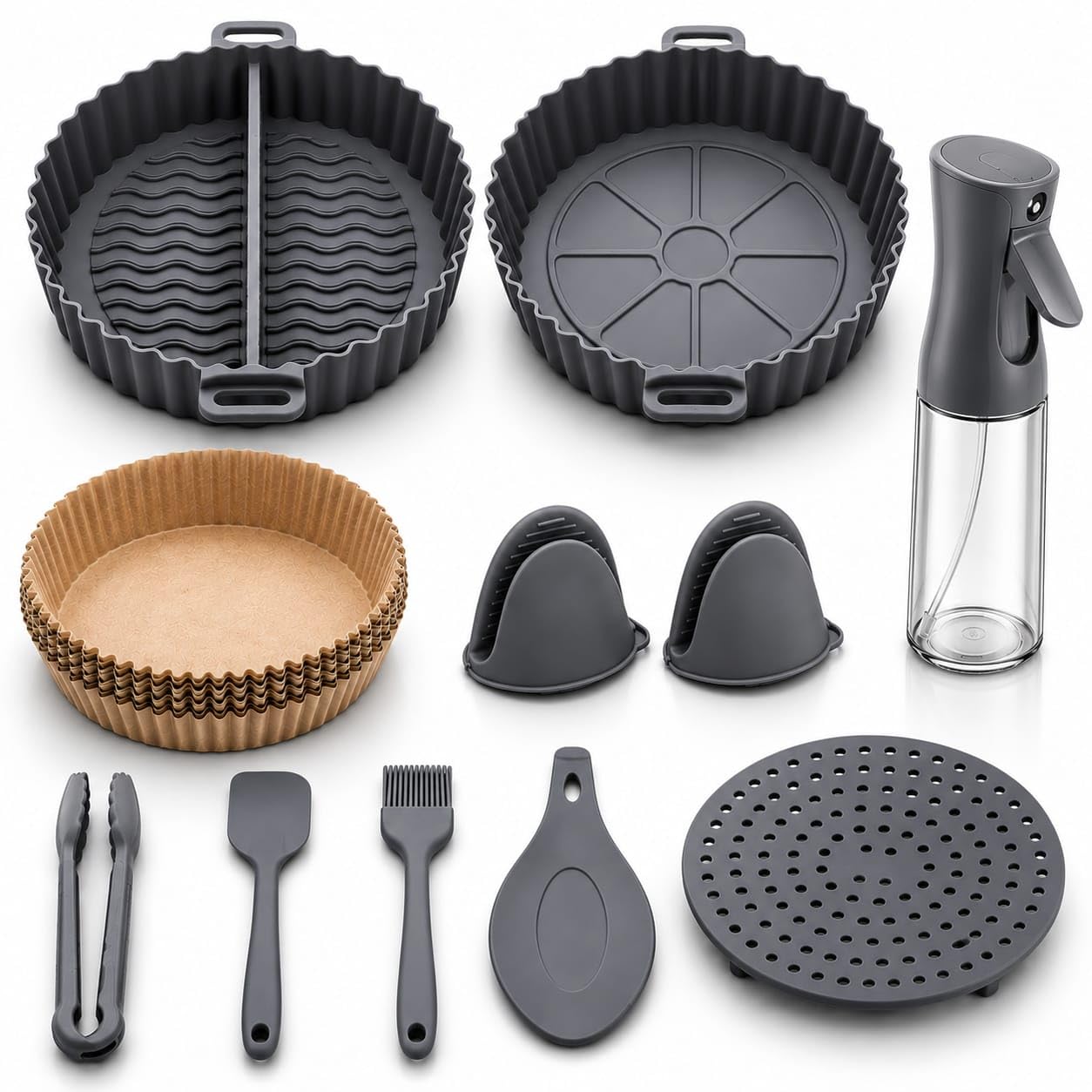 Kit Accesorios Air Fryer 20 cm – Molde Silicona Reutilizable, Spray Aceite 230 ml y Utensilios Cocina – Compatible con Freidora de Aire