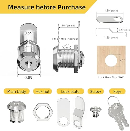 Miniatura 10 de Juego de 5 cerraduras de leva para gabinete, paquete de 5 cerraduras de leva cilíndrica con llave igual, buzón de correo, cajón de archivos,