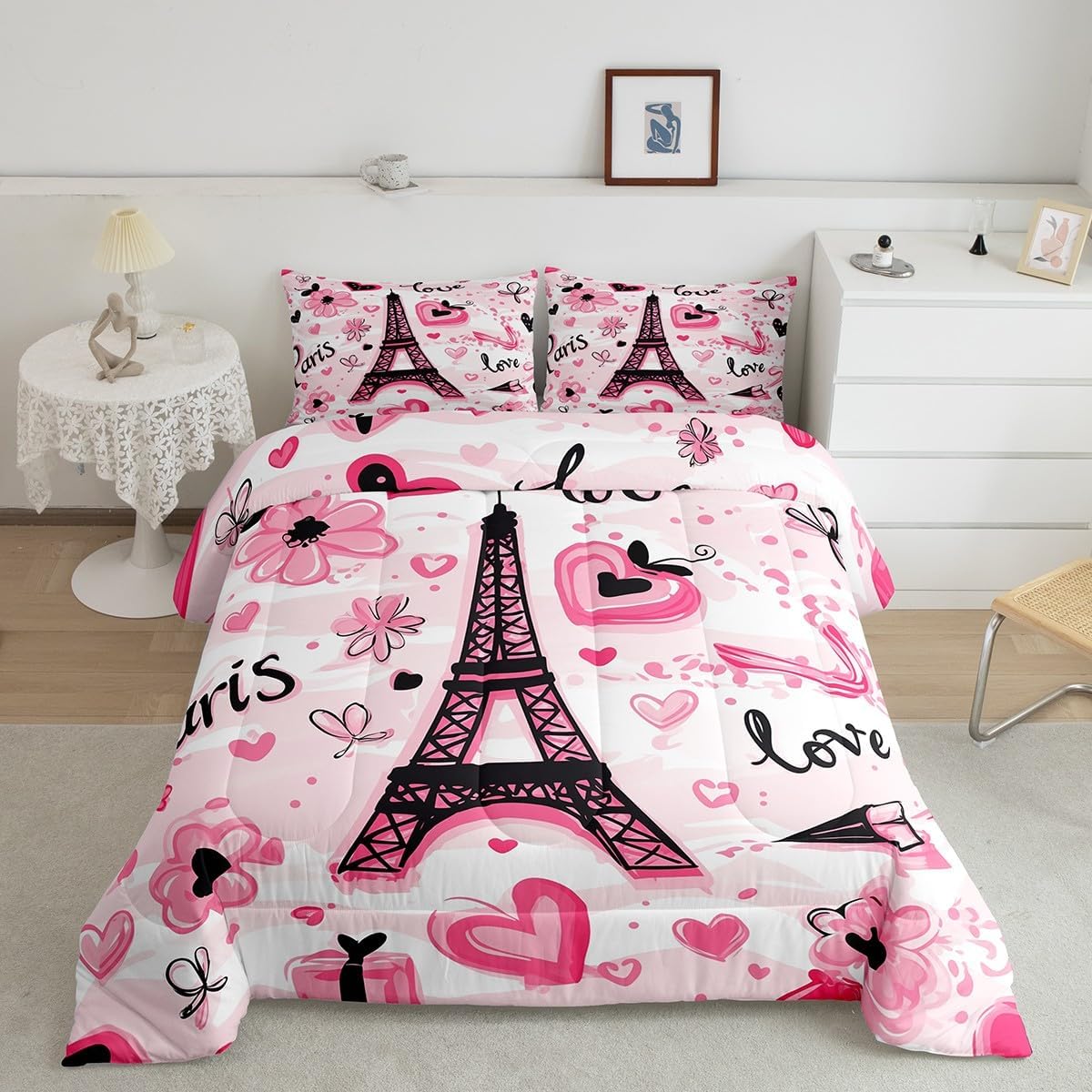 Feelyou Kids Eiffel Tower Comforter Set Twin Size Valentine's Day Bedding Set Boys Girls Love Flower Floral Quilt Set France Paris Romantic City Bed Set