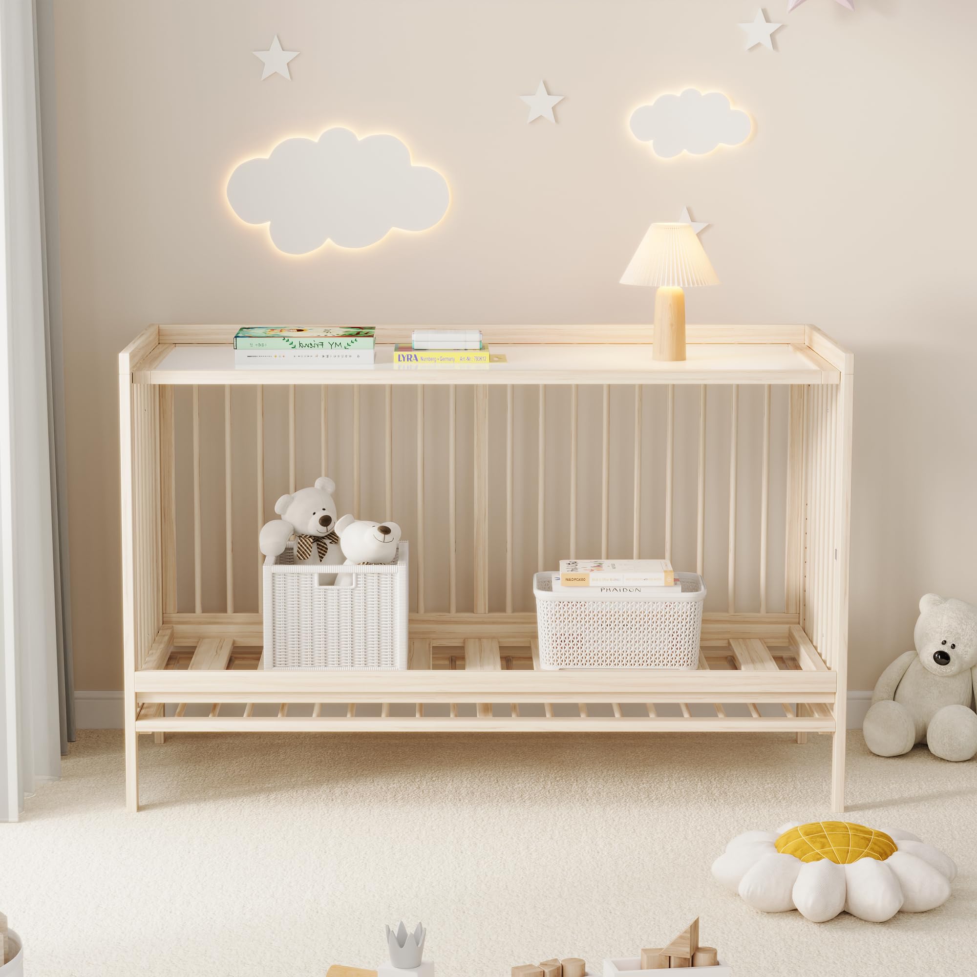 Holz Babybett 140x60x90cm,multifunktionales Babybett, umwandelbar in Nebenbett/Malerbrettständer/Schreibtisch, höhenverstellbar, ohne Matratze, aus Fichte, naturfarben