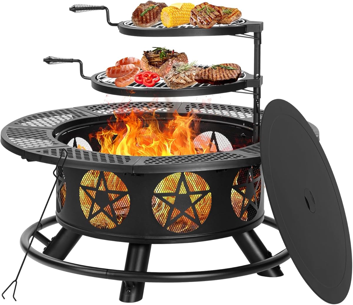 Amazon.com : OutVue 36 Inch Fire Pit with 2 Grills, Wood Burning Fire Pits for Outside with Lid & Poker, BBQ& Outdoor Firepit & Round Metal Table 3 in 1 for Patio, Picnic, Party