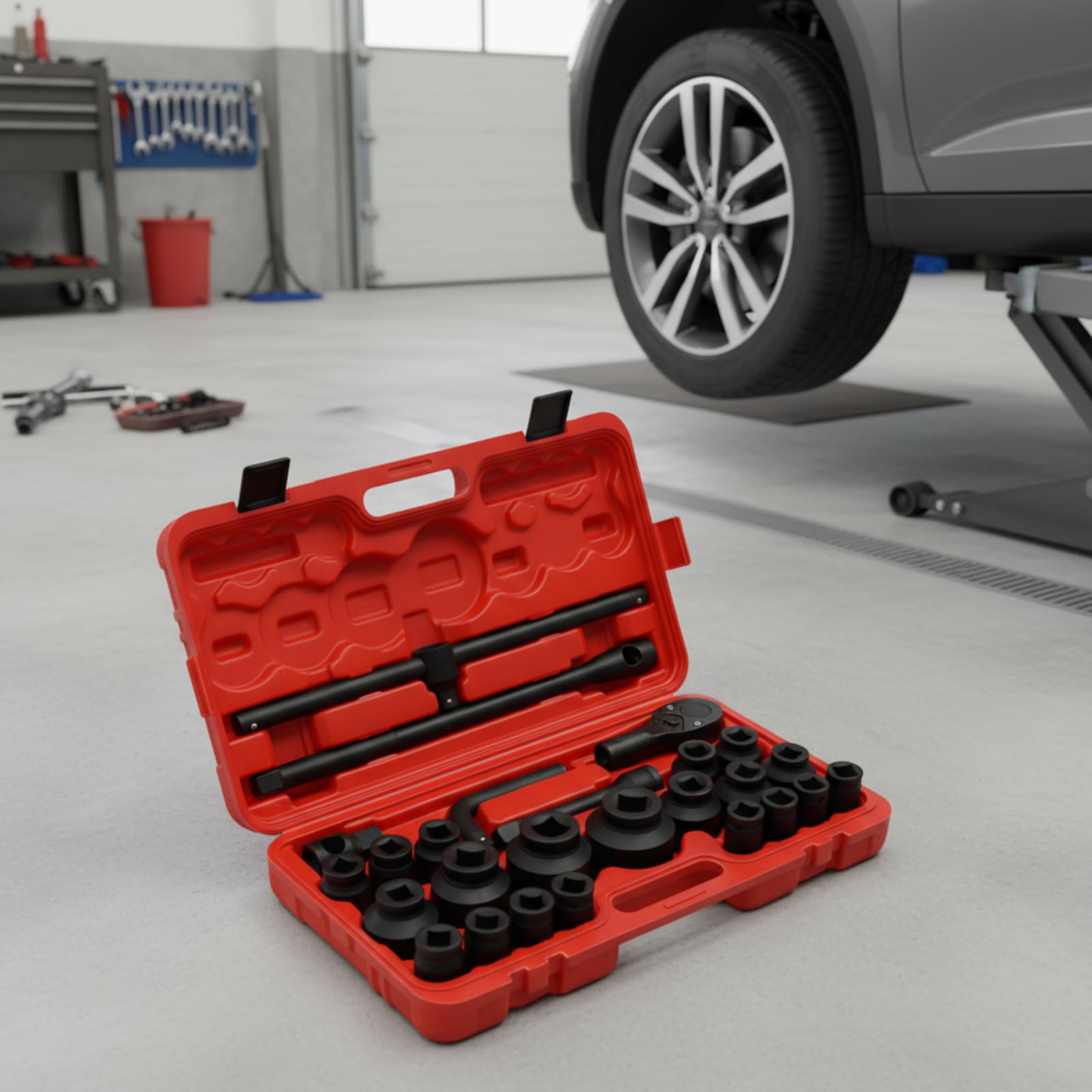 Douilles à Chocs Jeu Douille Impact Coffret Douilles Mécaniques 26 Pièces Acier Carbone 45 Phosphaté Noir 6 Points Clé Cliquet 72 Dents Mallette Rangement Sécurisé Garage Auto Camion Mécanique