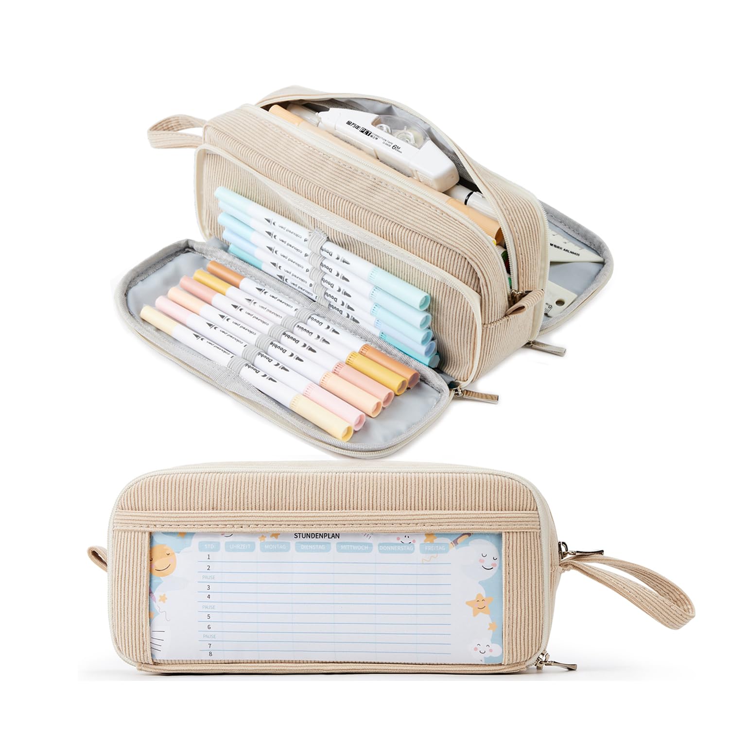 KALIDI Pencil Case with 3 Compartments Large Capacity Pencil Case Pencil Case Pencil Bag for School & Office, Corduroy fabric khaki, 21x7.5x10 cm, Corduroy fabric, three compartments, classic
