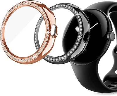 Lamshaw Compatible for Google Pixel Watch Bling Case, Bling Protective Bumper Case Crystal Diamond with Built-in Screen Protector Compatible for Google Pixel Watch (2 pack-Black+Rose Gold)