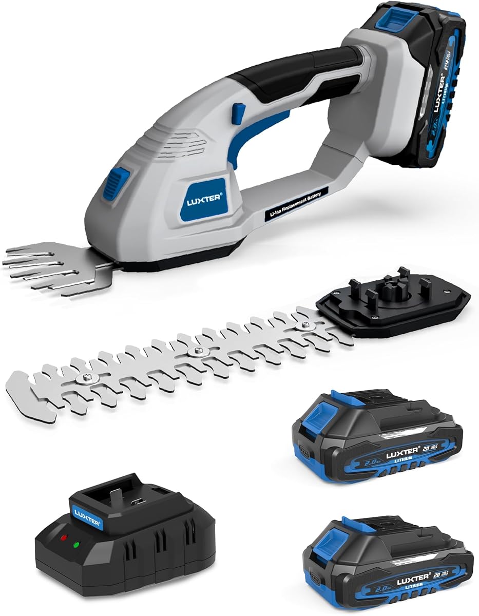 LUXTER 20V Cordless Electric Hedge Trimmer 2 in 1 Handheld Grass Shear & Shrubbery Trimmer Handheld Grass Cutter with 2 * 2.0Ah Batteries & Charger for Garden, Lawn，Yards