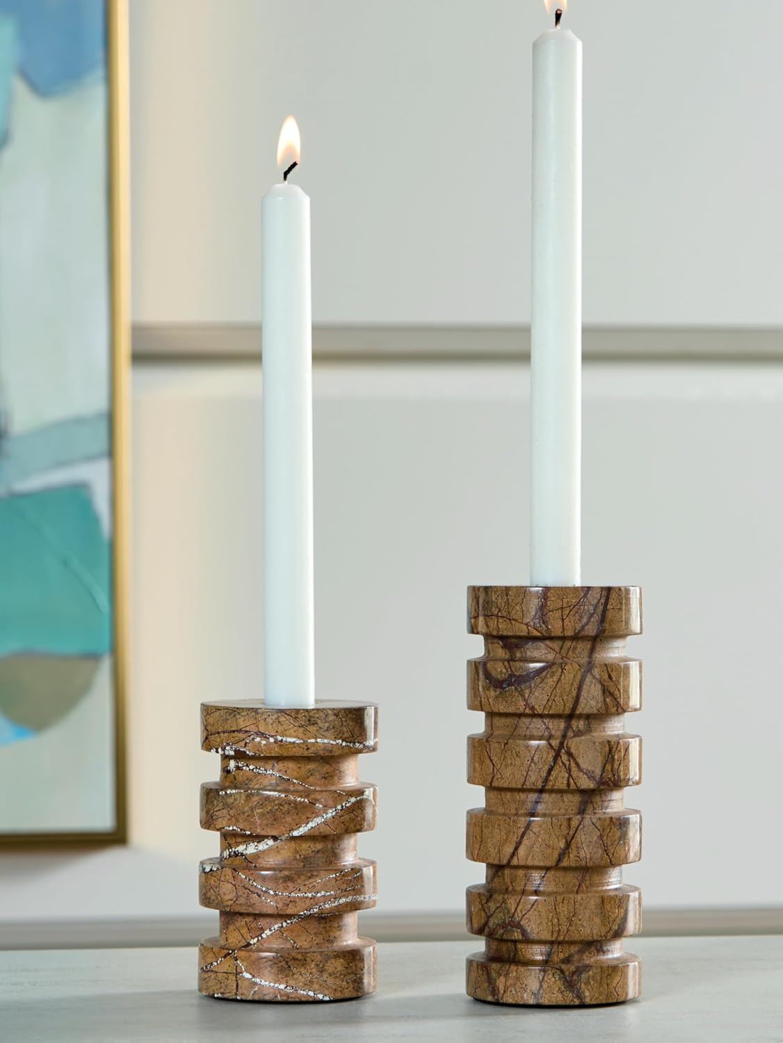 Signature Design by Ashley Marble Taper Candle Holder Set, Set of 2, Tan | Heavyweight natural marble candle holders for dining tables and living room mantels, Staggered heights, Emsleyfield Series
