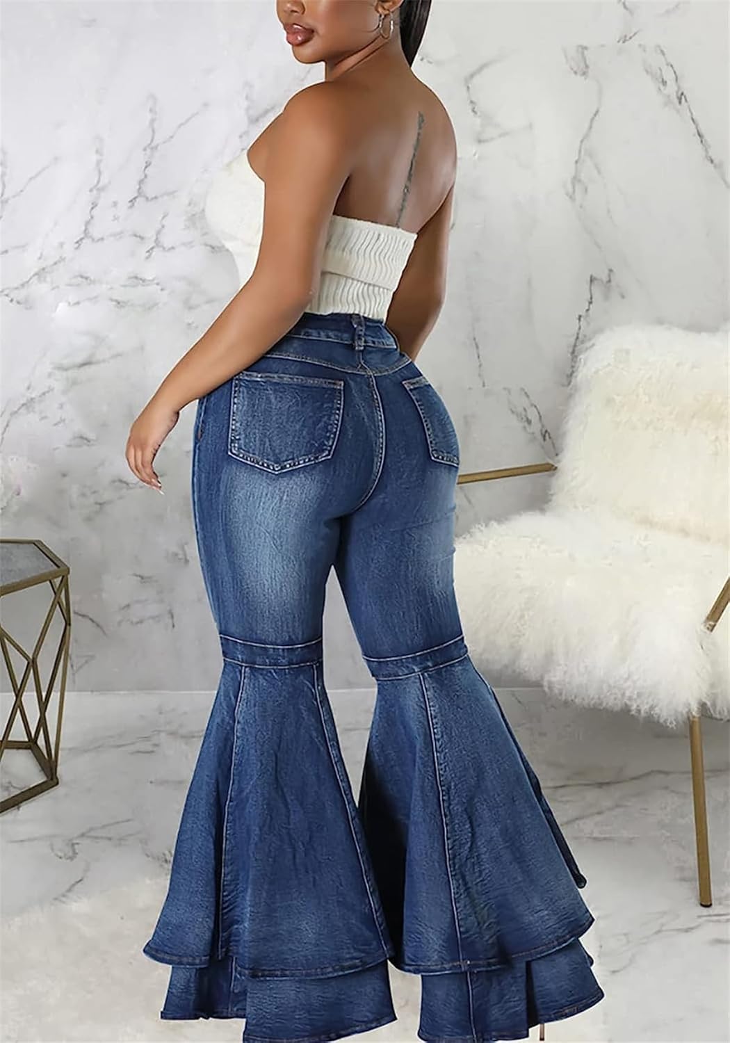Cute Bell Bottom Jeans for Women High Waist Flare Jeans Patchwork Pleated Layered Ruffle Hem Wide Leg Denim Long Pants - Image 4