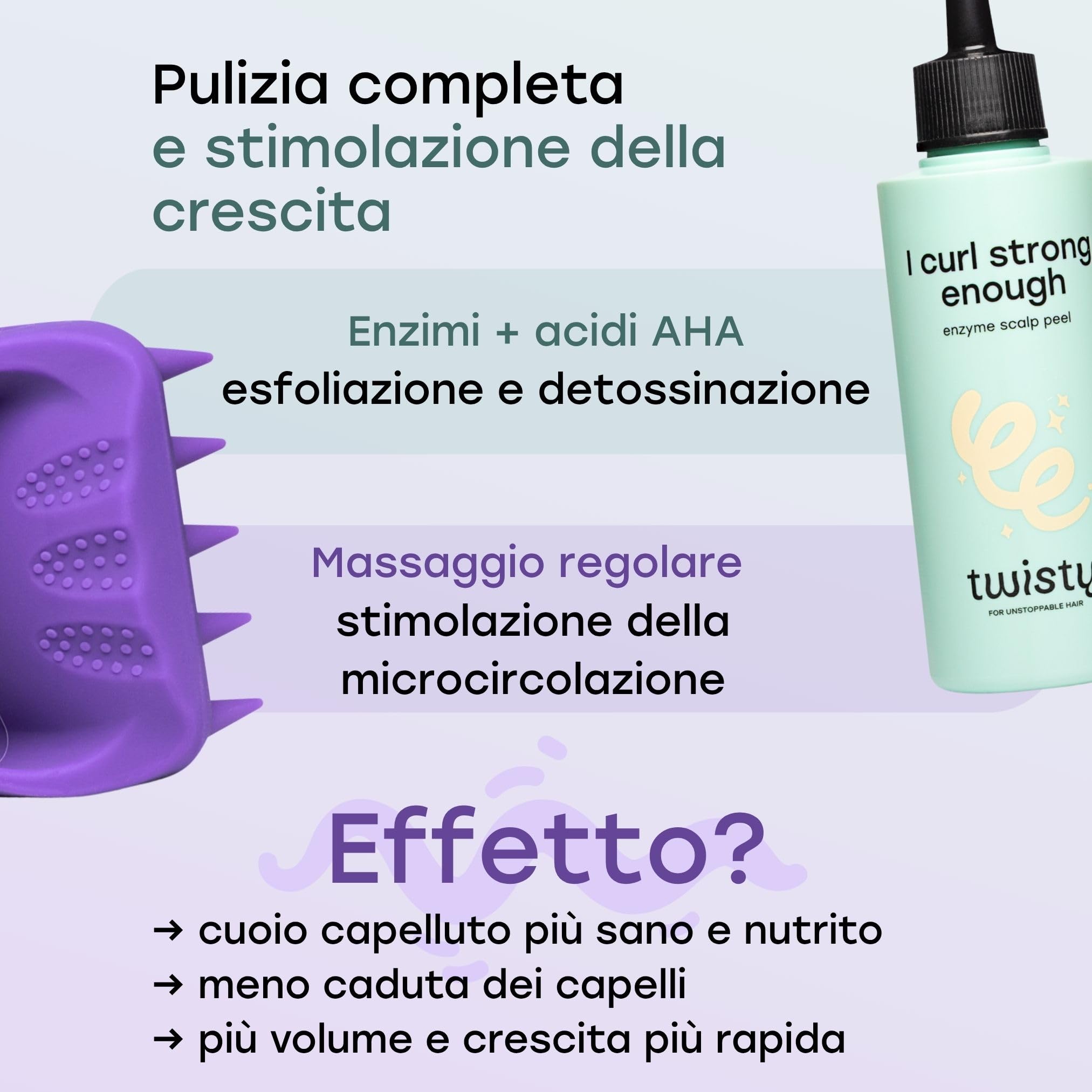 TWISTY Set Massaggiatore Cuoio Capelluto in Silicone + Peeling Enzimatico con acido glicolico AHA – Pulizia Profonda e Stimolazione