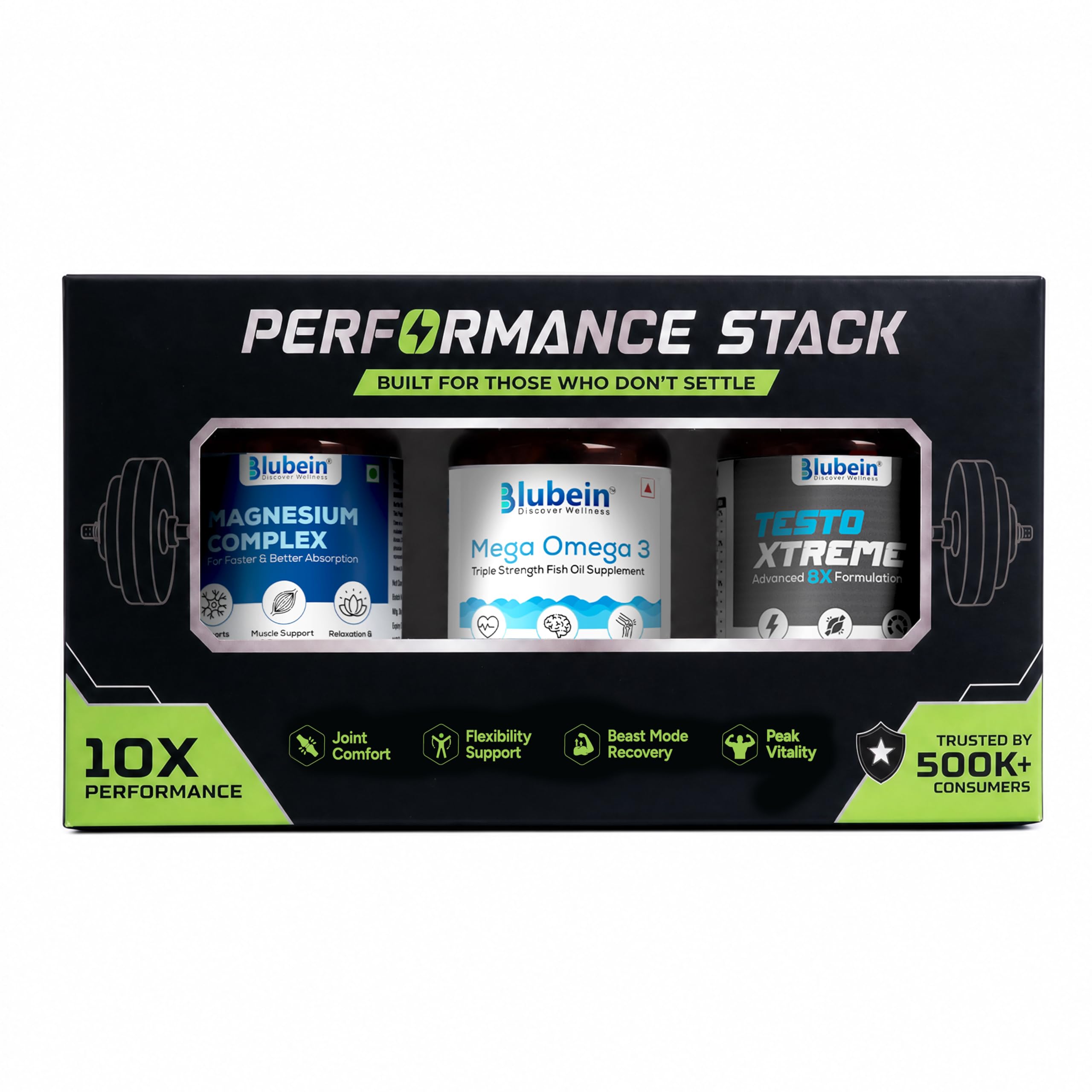blubein performance stack – testo xtreme, magnesium & mega omega-3 for men | nutritional support for active lifestyles, helping promote energy, muscle function, recovery and everyday vitality
