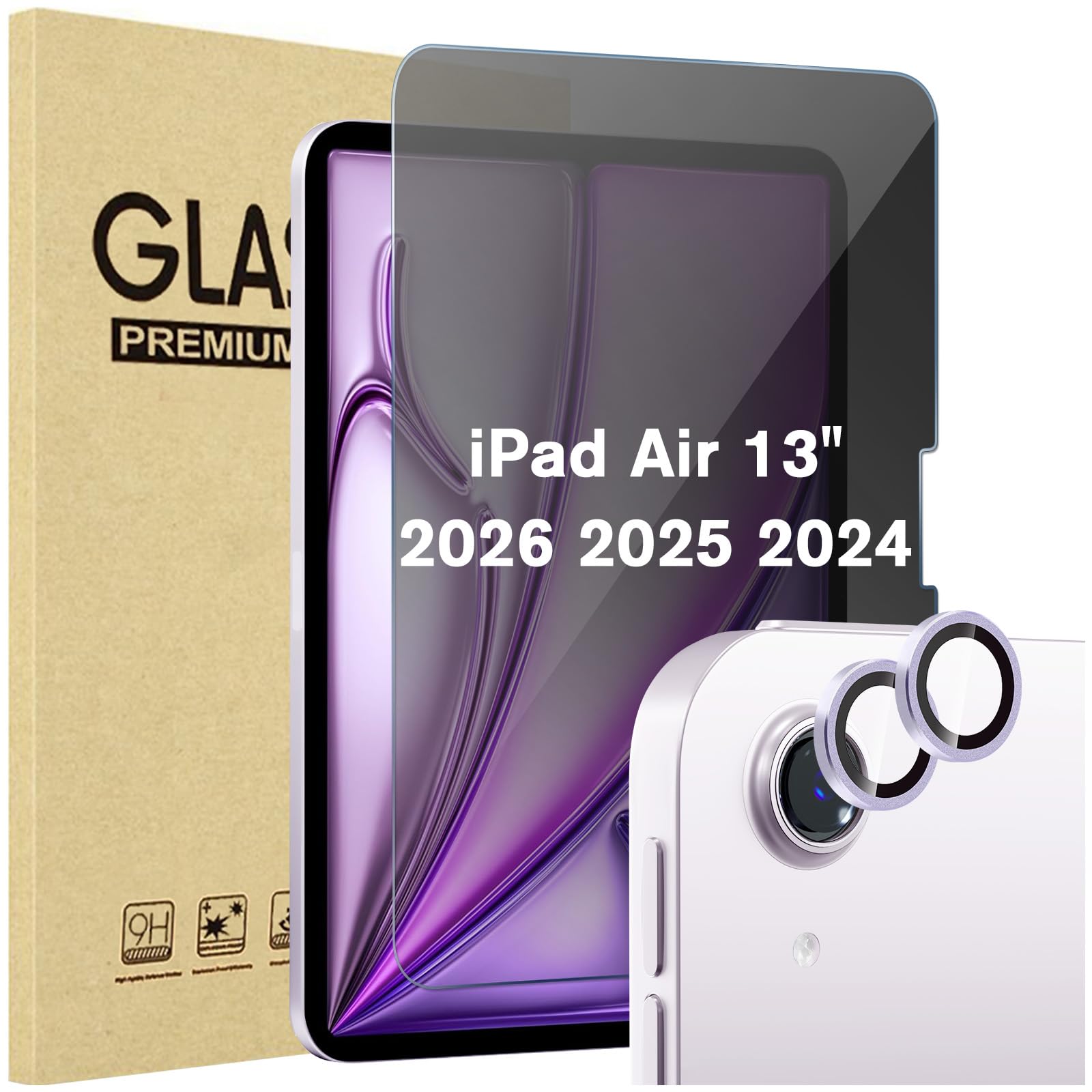 ProCase 1 Pack Privacy Screen Protector + 2 Pack Camera Lens Protectors for iPad Air 13 Inch M4 2026 / M3 2025 / M2 2024, Anti-Spy Tempered Glass Film for iPad Air 13" -Purple