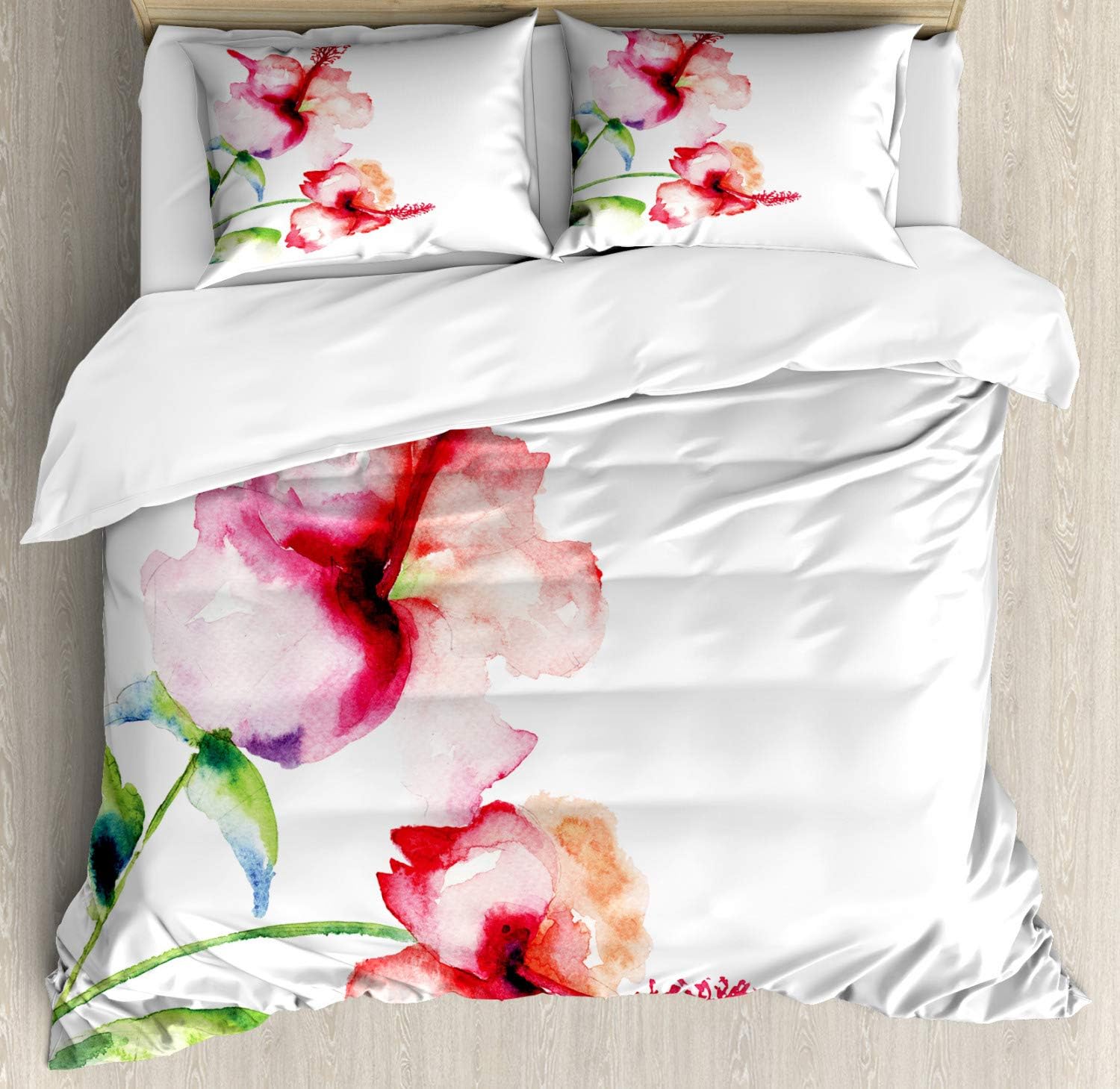 Ambesonne Watercolor Flower Duvet Cover Set, Hibiscus Flowers on Plain Background in Pastel Colors Nature Theme, Decorative 3 Piece Bedding Set with 2 Pillow Shams, California King, Red White