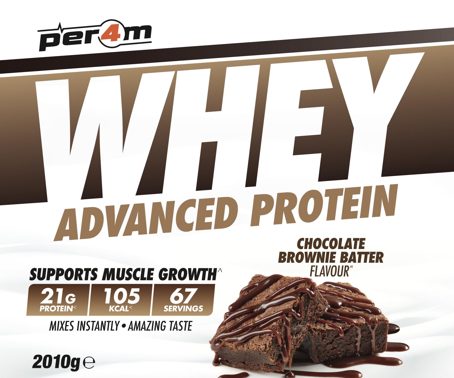 Per4m Whey Protein, Odżywka Białkowa WPC, 24 g Białka na Porcję, Budowanie Masy Mięśniowej i Szybka Regeneracja Po Treningu Siłowym dla Aktywnych Sportowców – Chocolate Brwonie Batter – 2010 g