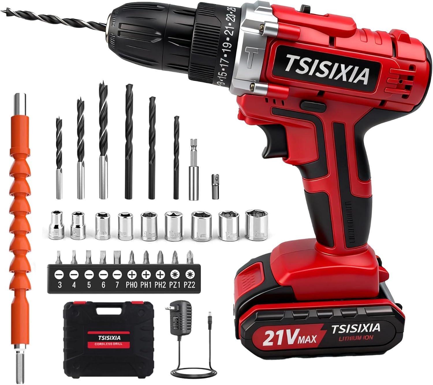 Taladro Atornillador Inalámbrico Tsisixia 21V con 2 Baterías y Maletín