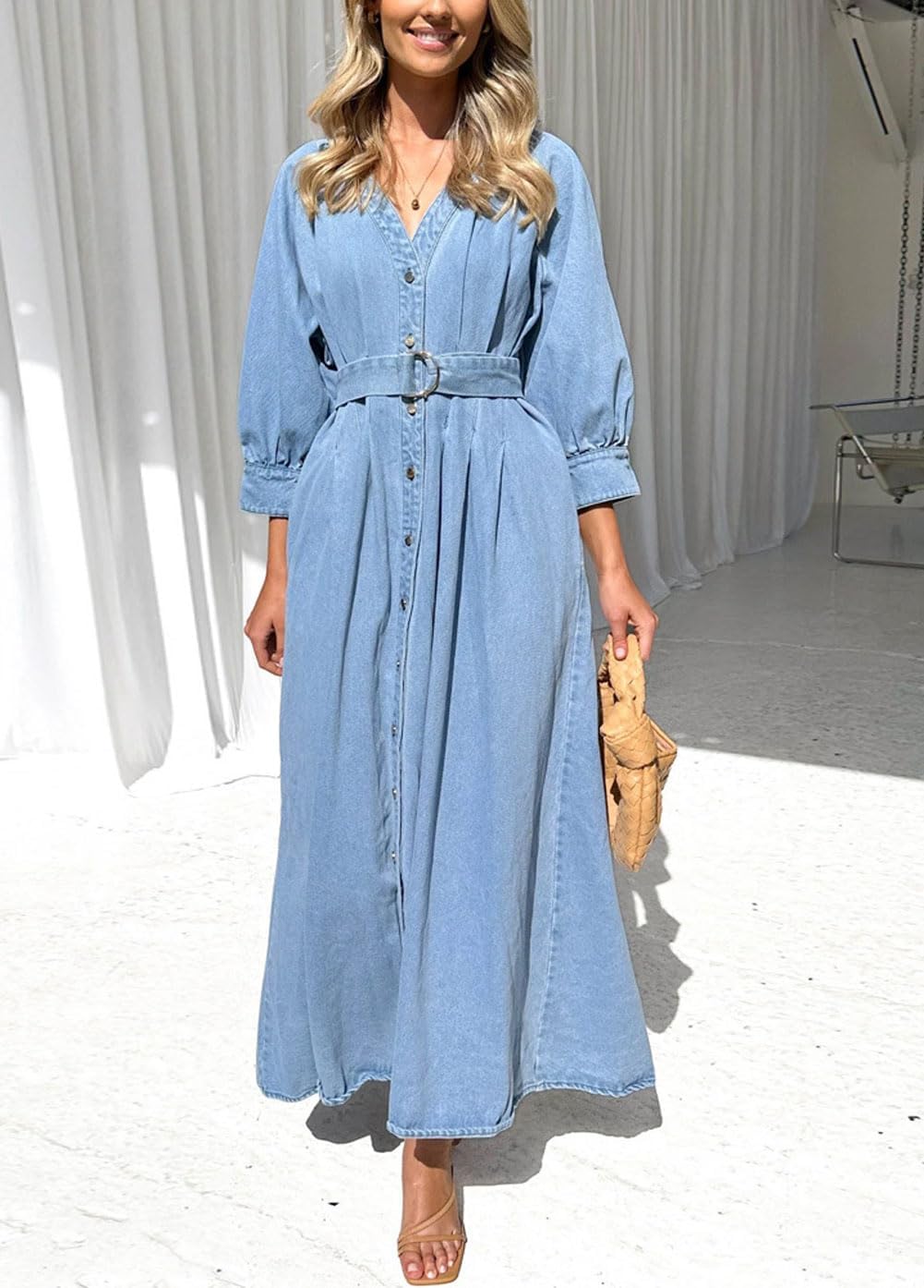 chouyatou Women's Boho V-Neck Button Down Swing Maxi Denim Dress 3/4 Sleeve Casual Belted Long Jean Dress - Image 4